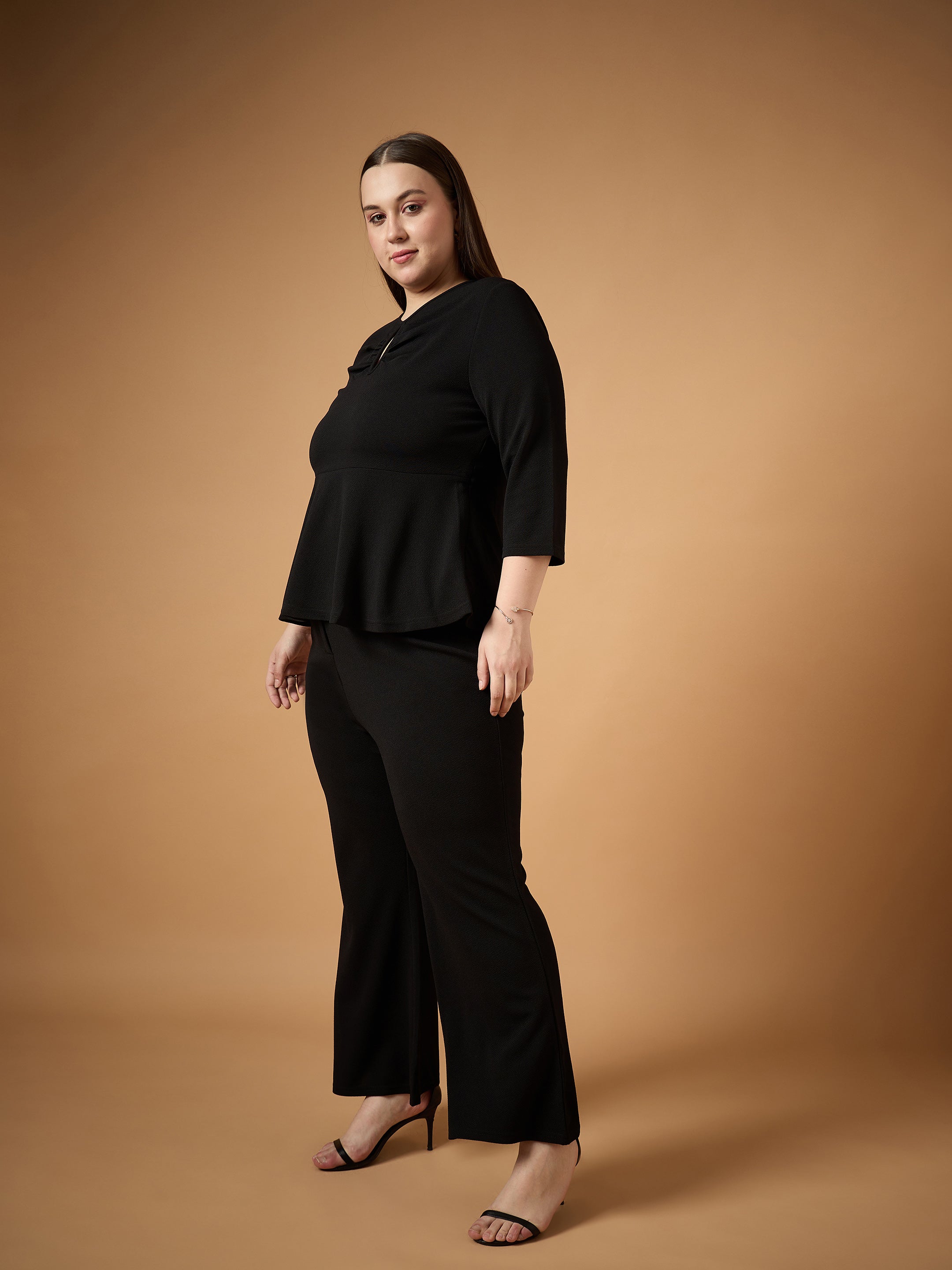 Women Black Keyhole Top With Bell Bottom Pants