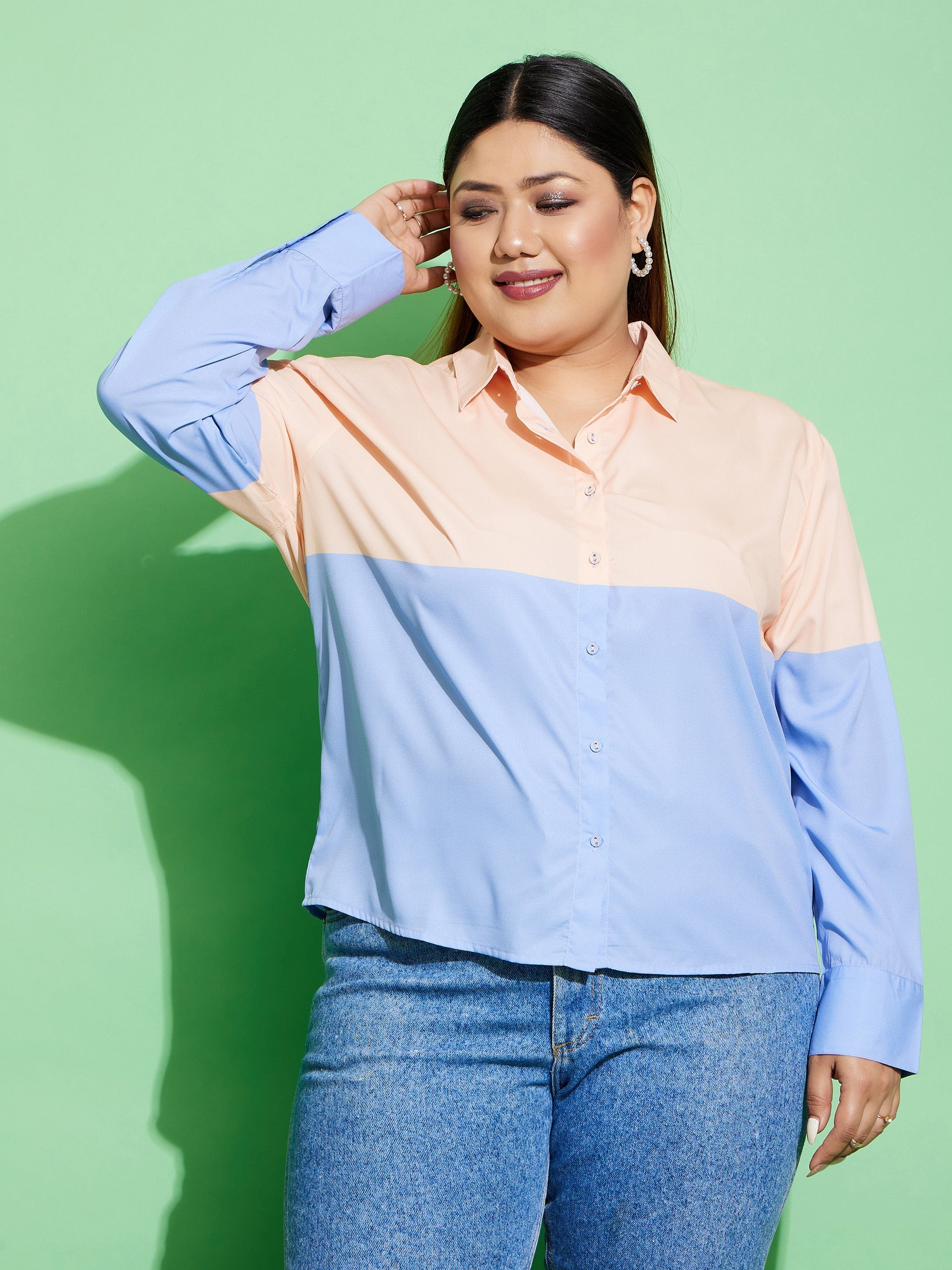 Women Peach & Blue ColourBlock Shirt