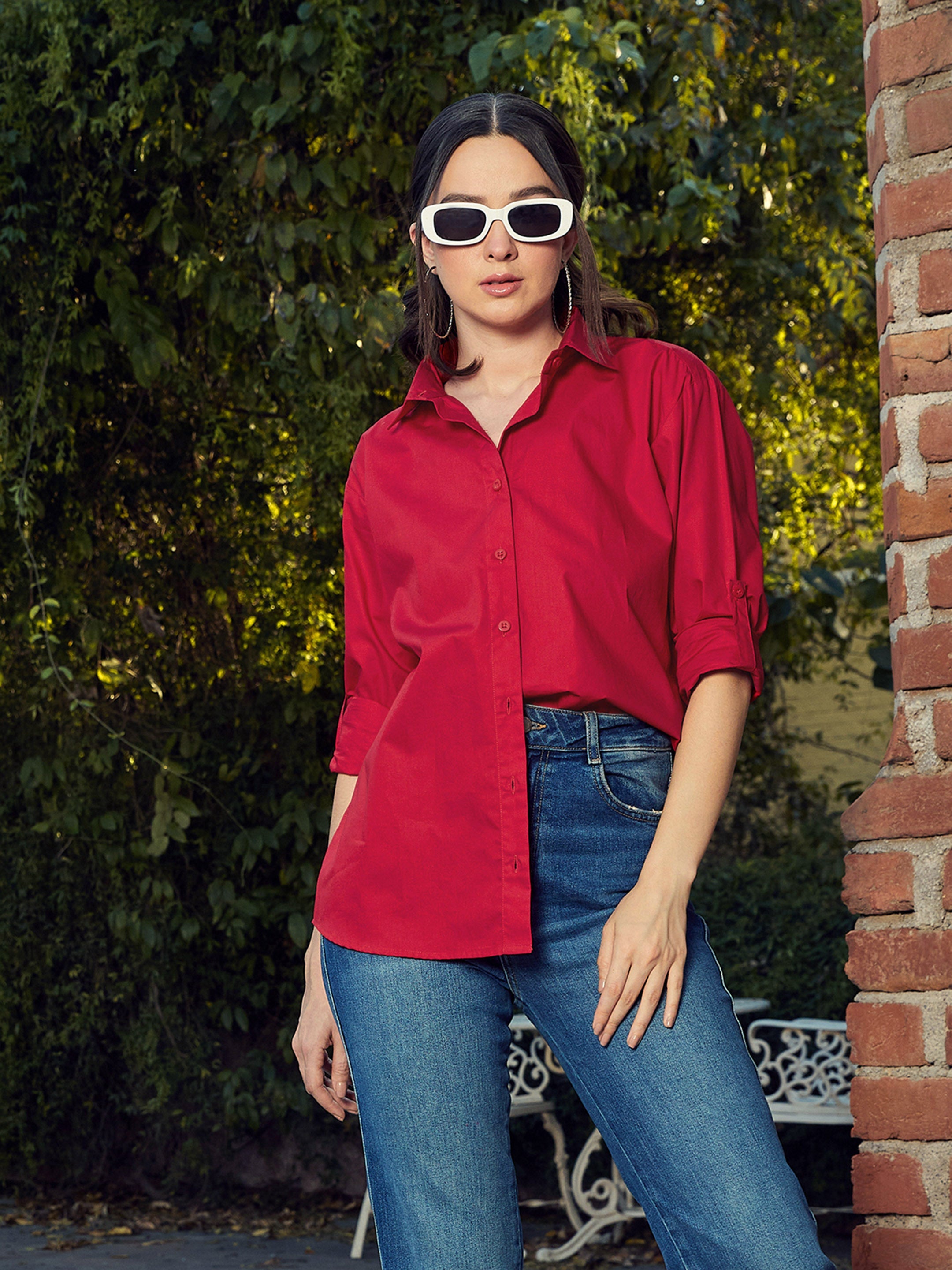 Women Red Poplin Oversized Shirt