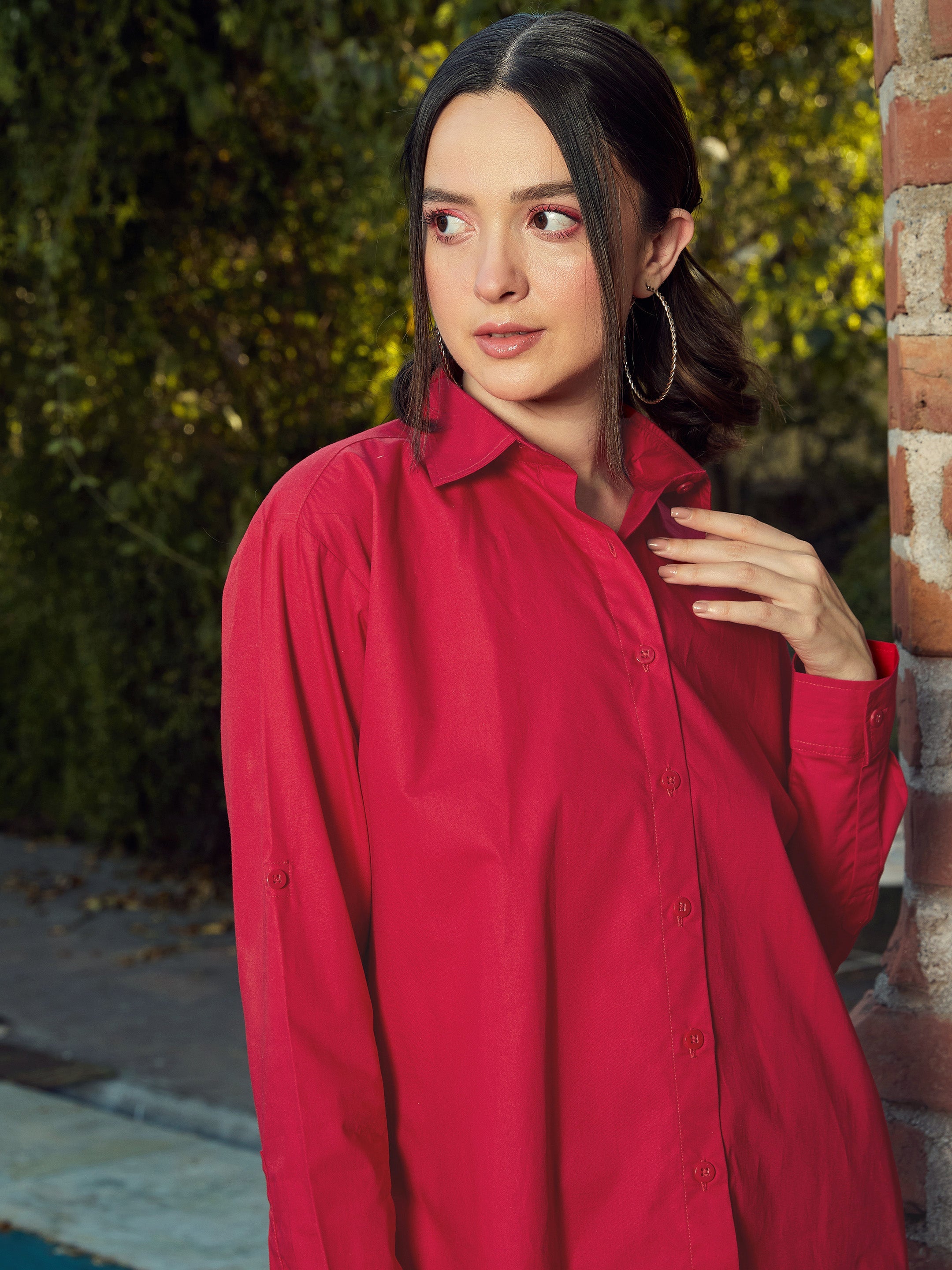 Women Red Poplin Oversized Shirt