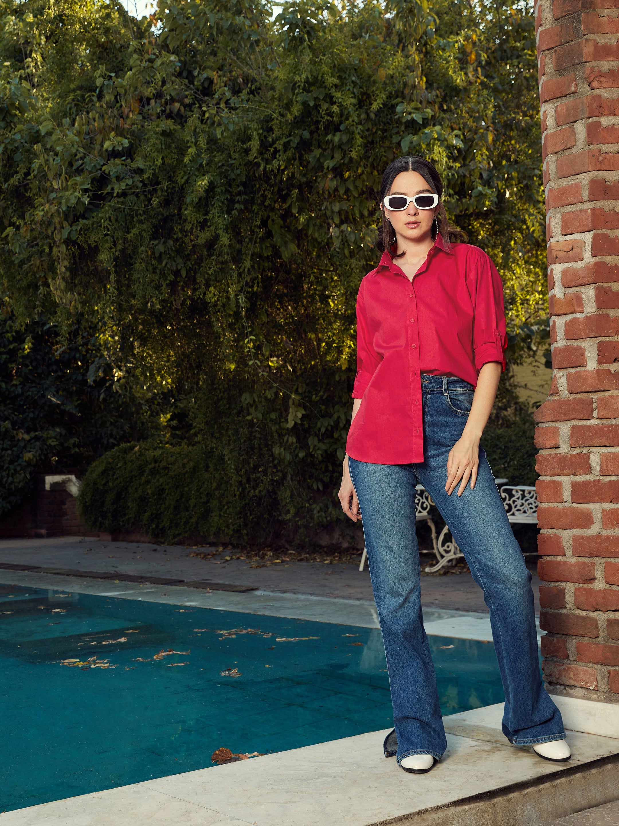 Women Red Poplin Oversized Shirt