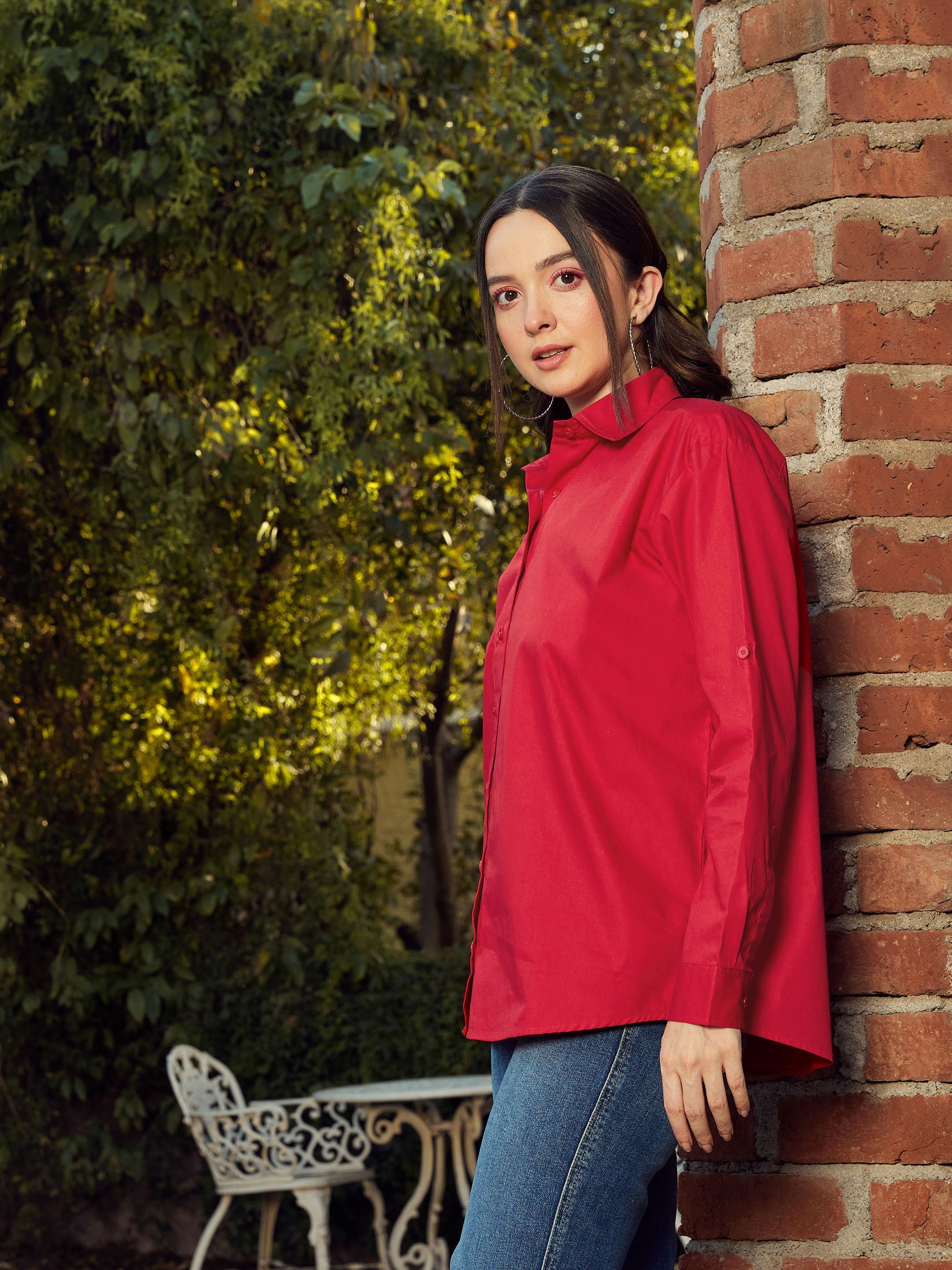 Women Red Poplin Oversized Shirt