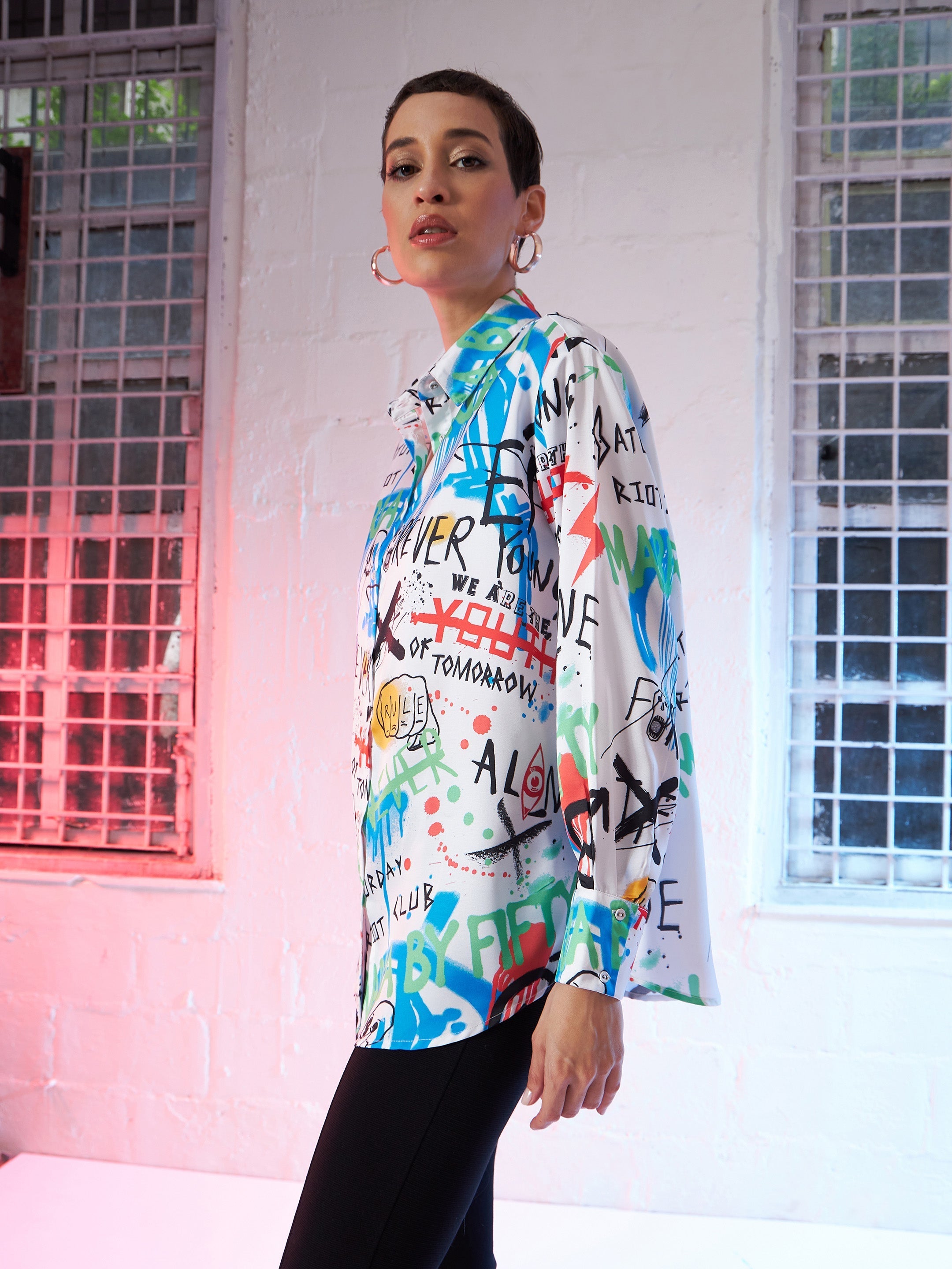 Women White Satin Abstract Print Oversized Shirt