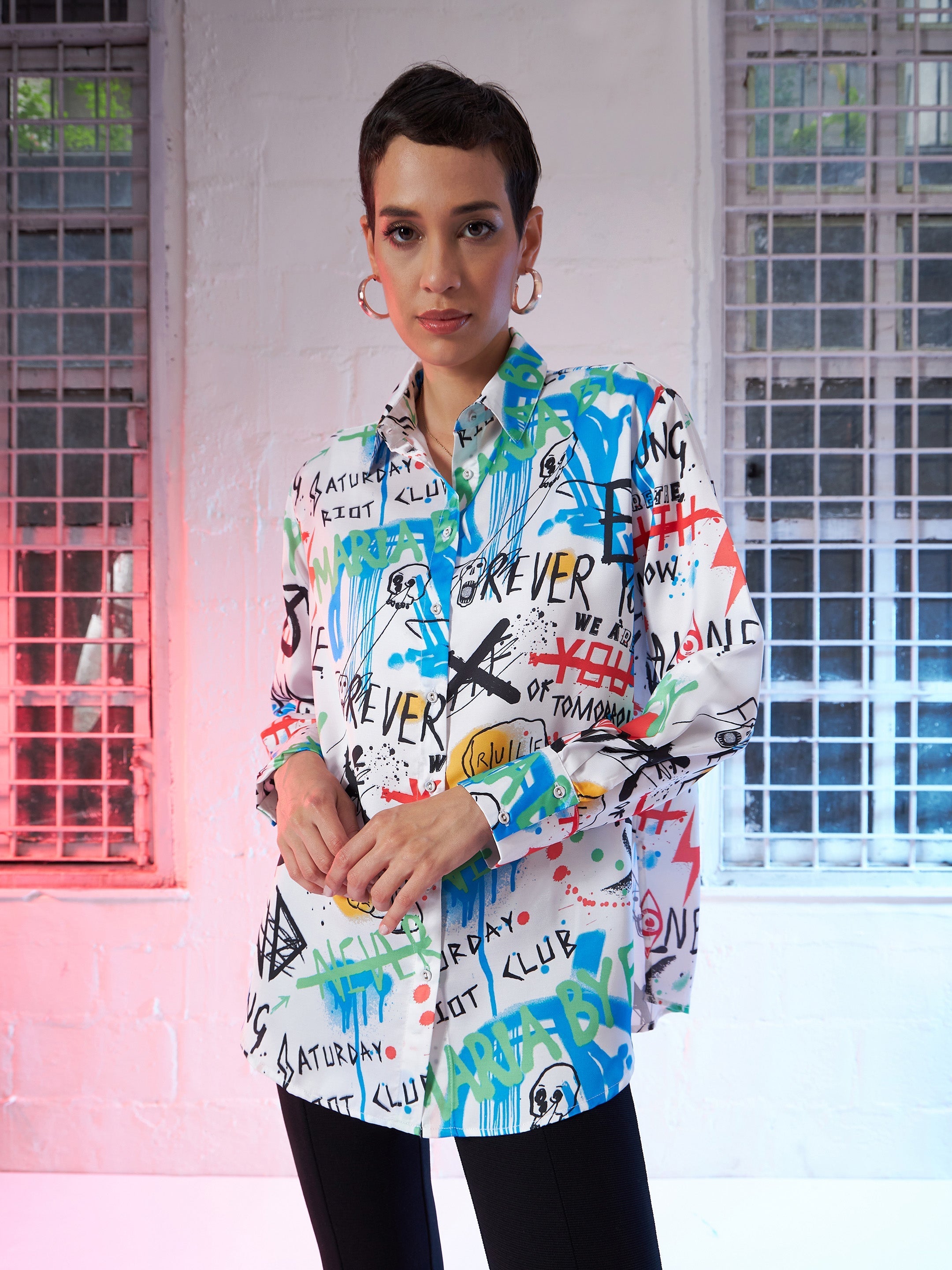 Women White Satin Abstract Print Oversized Shirt