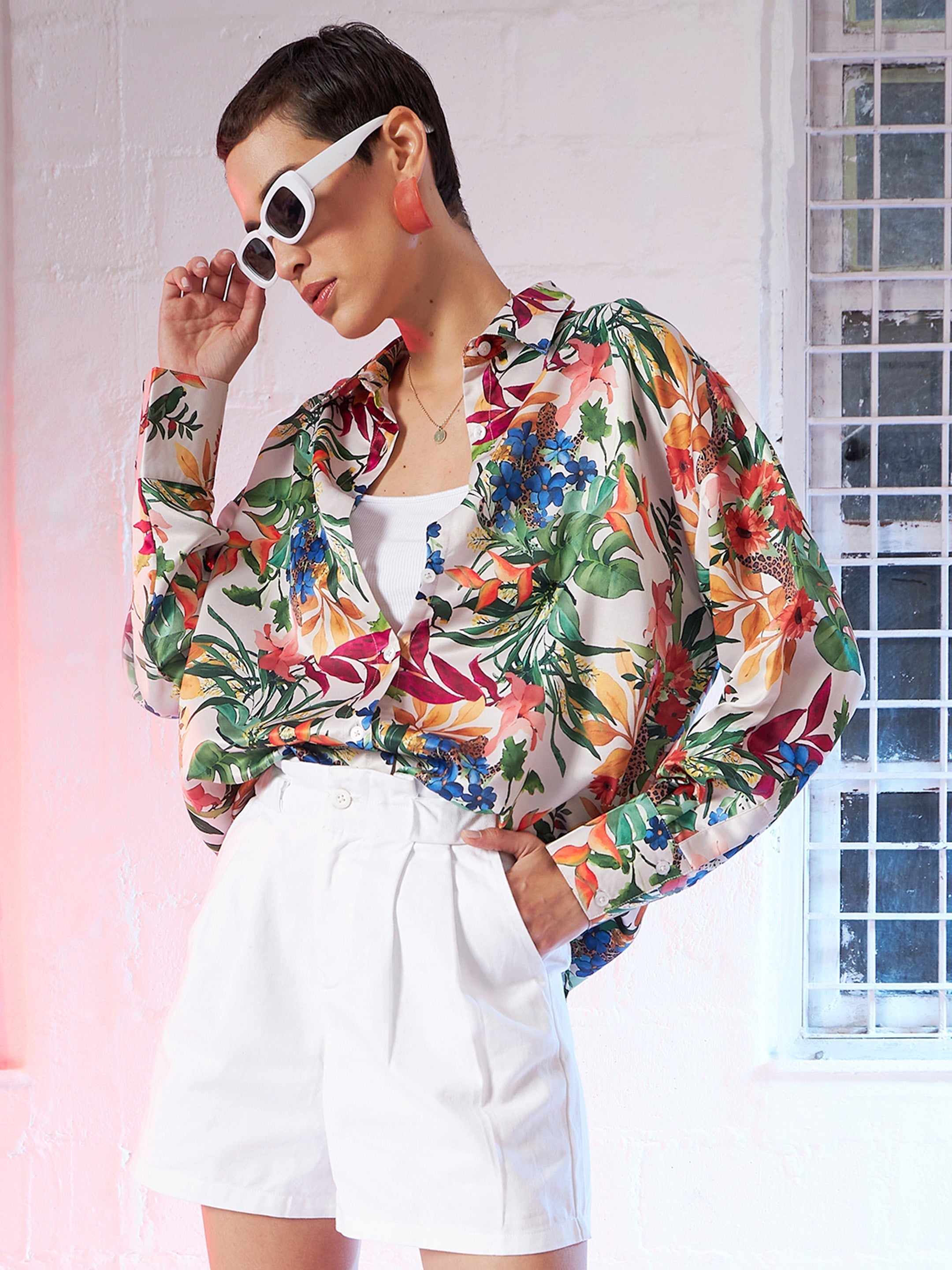 Women Beige Satin Floral Oversized Shirt