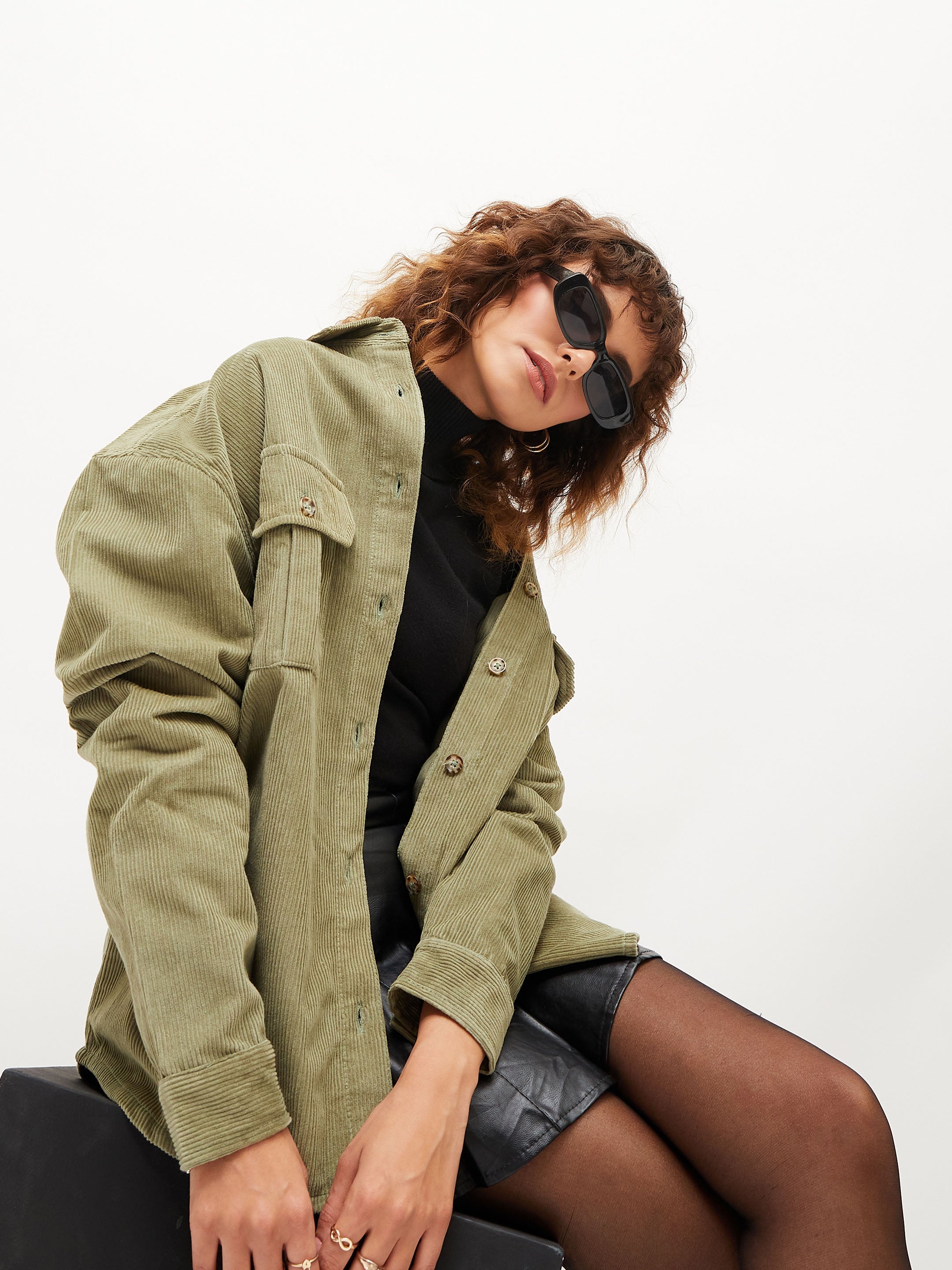 Women Olive Corduroy Oversized Shirt