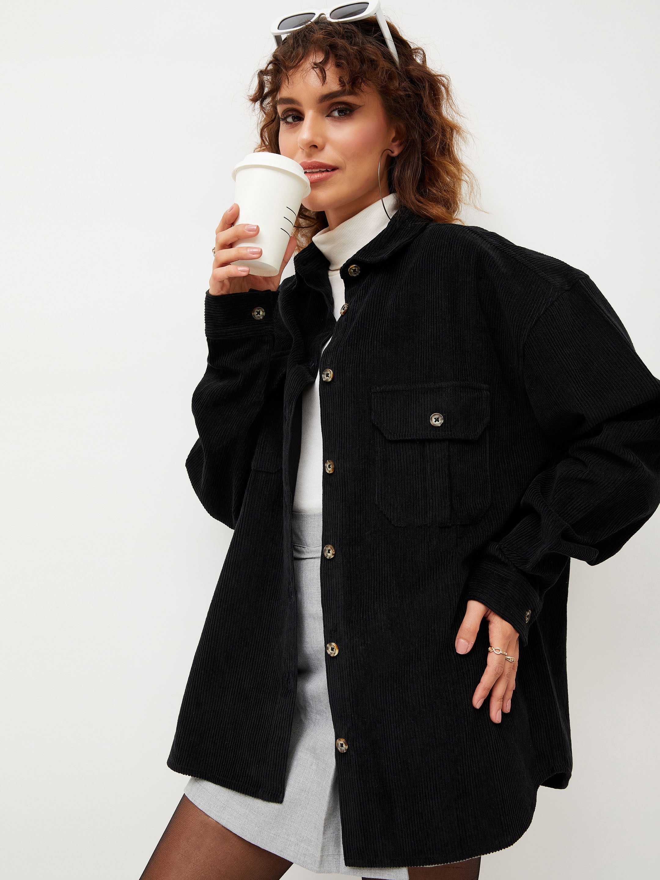 Women Black Corduroy Oversized Shirt