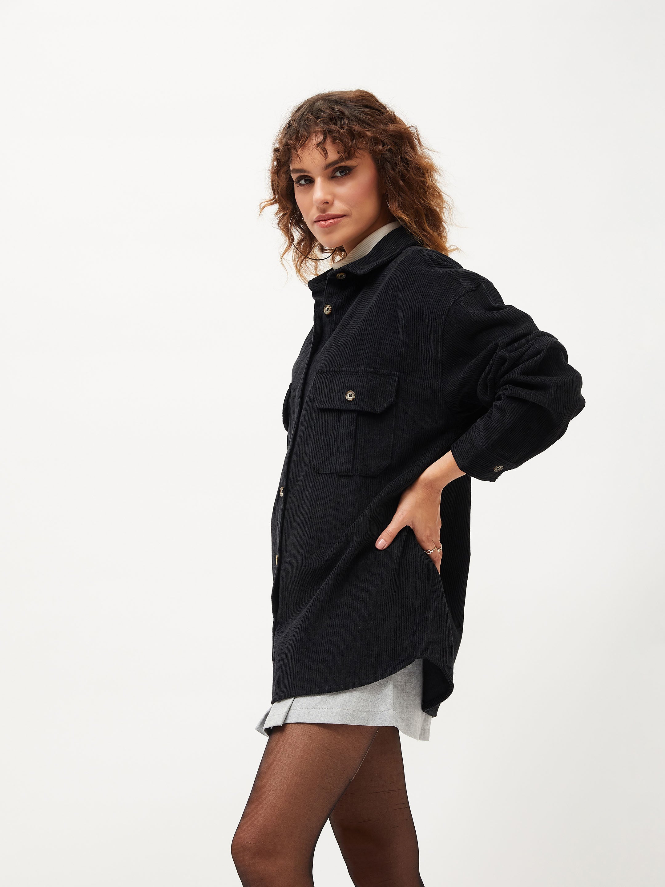 Women Black Corduroy Oversized Shirt