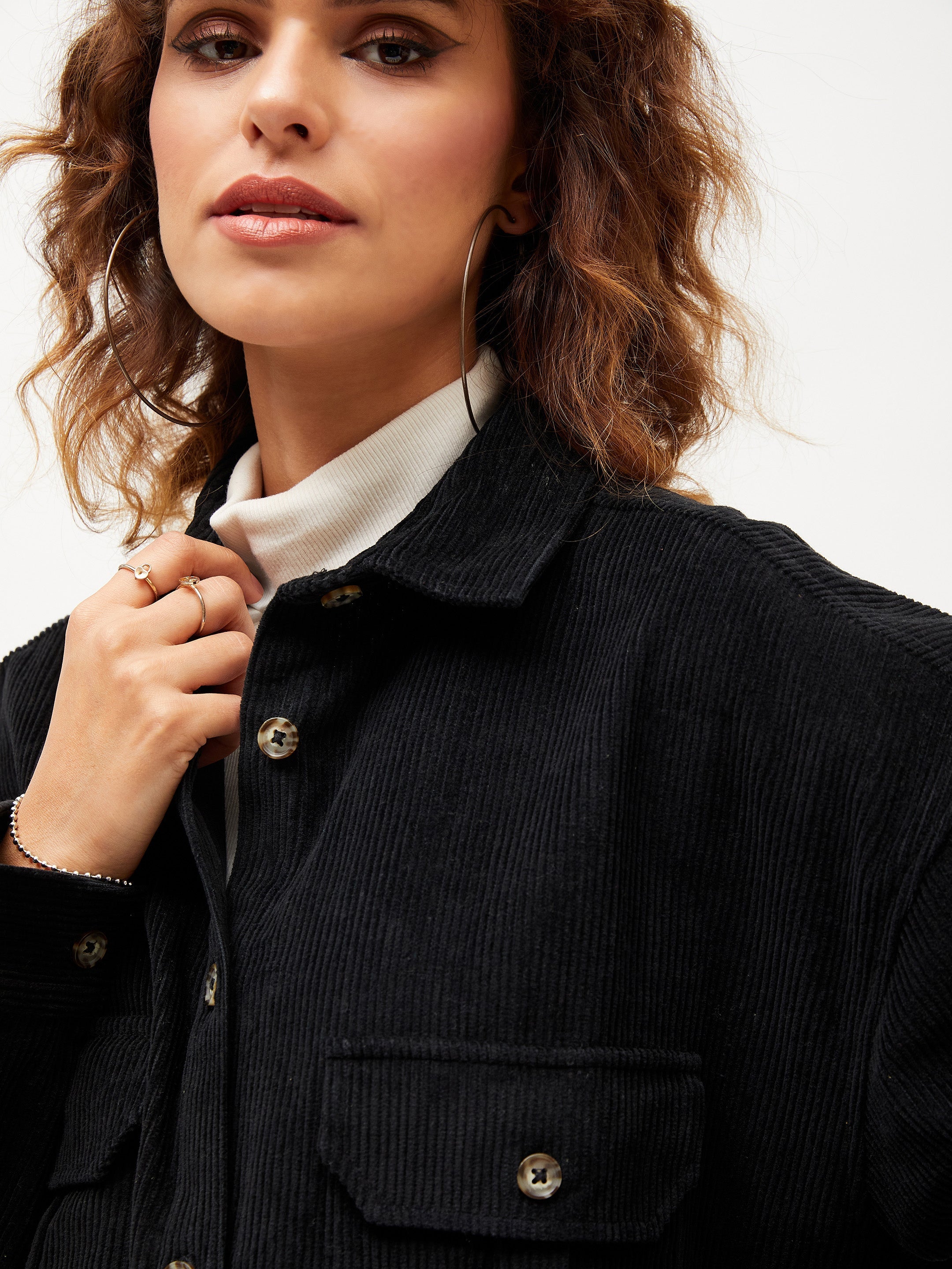 Women Black Corduroy Oversized Shirt