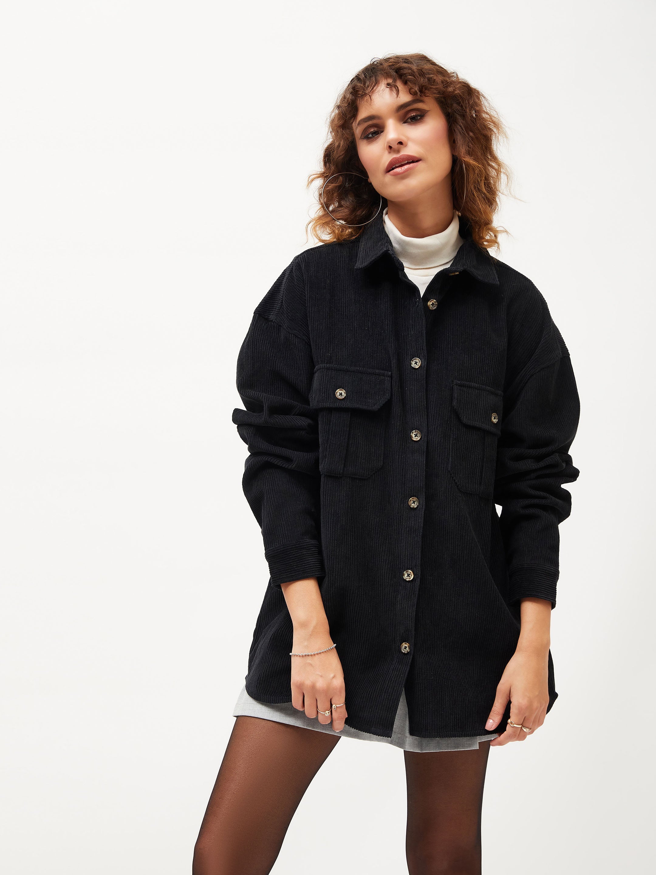 Women Black Corduroy Oversized Shirt