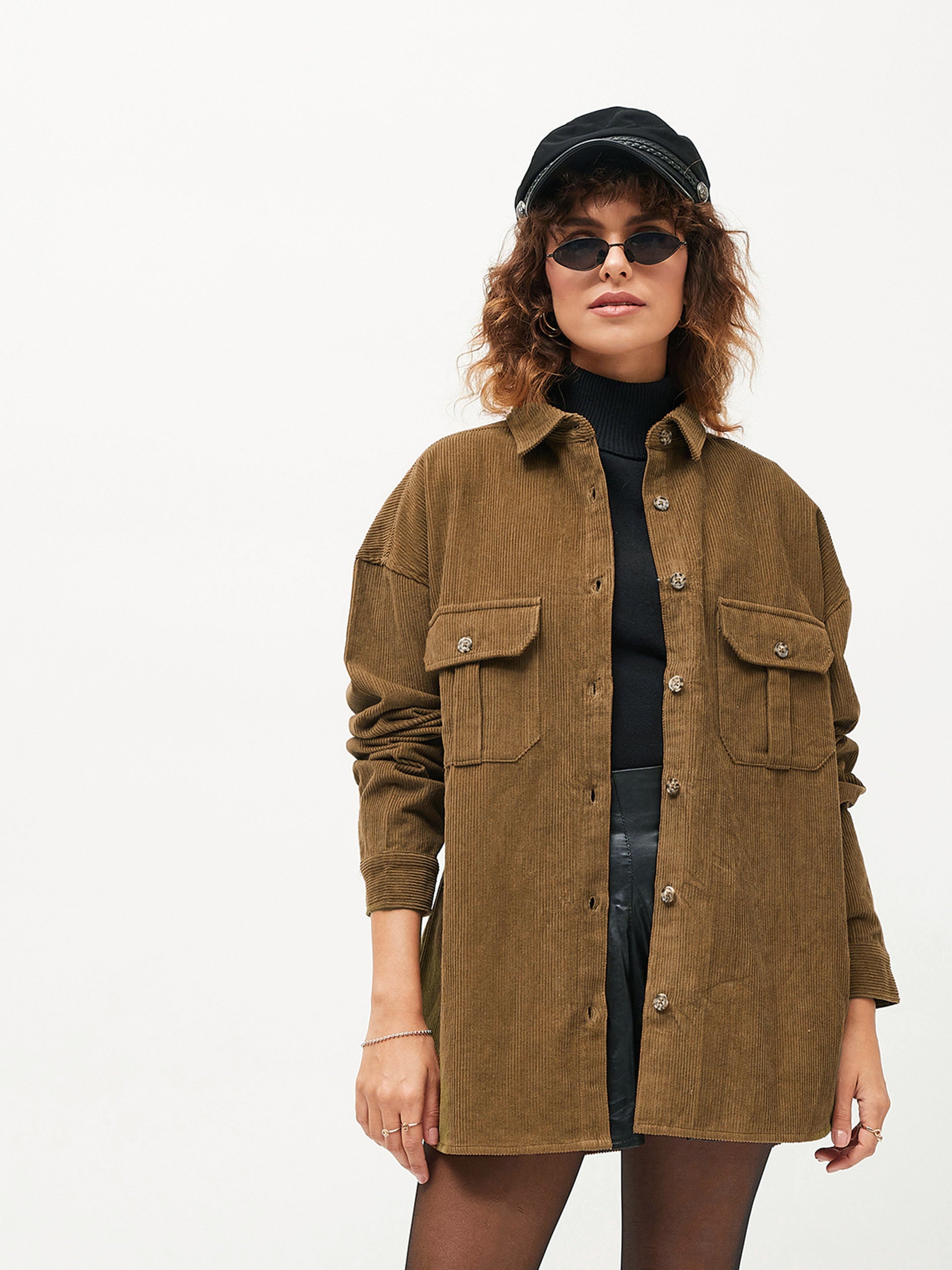 Women Brown Corduroy Oversized Shirt