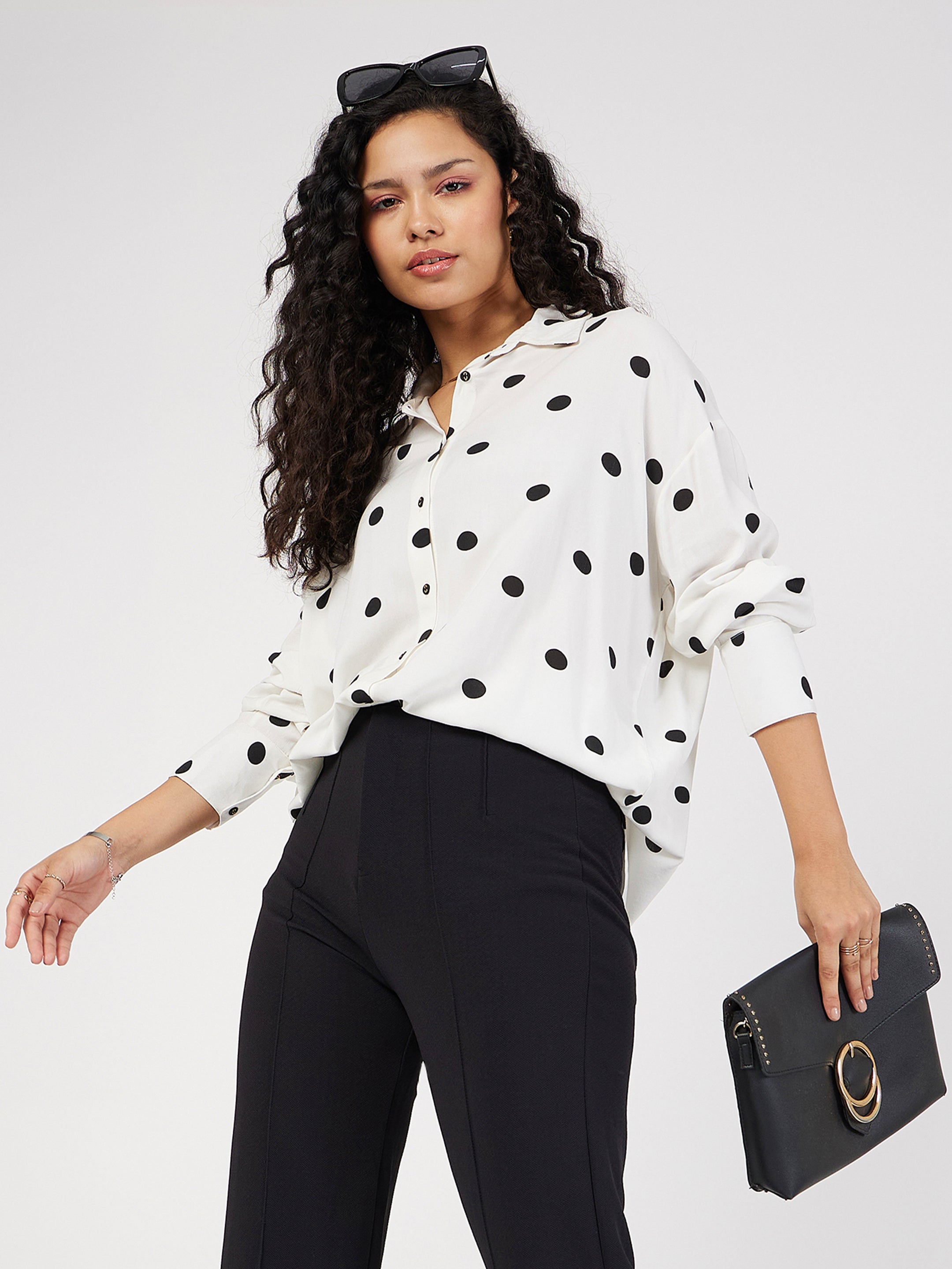 Women White & Black Polka Dot Oversize Shirt