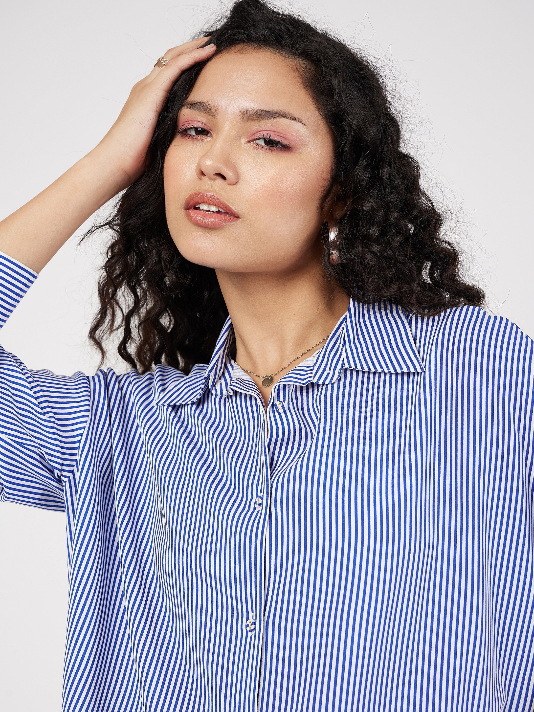 Women Blue & White Pinstriped Oversize Shirt