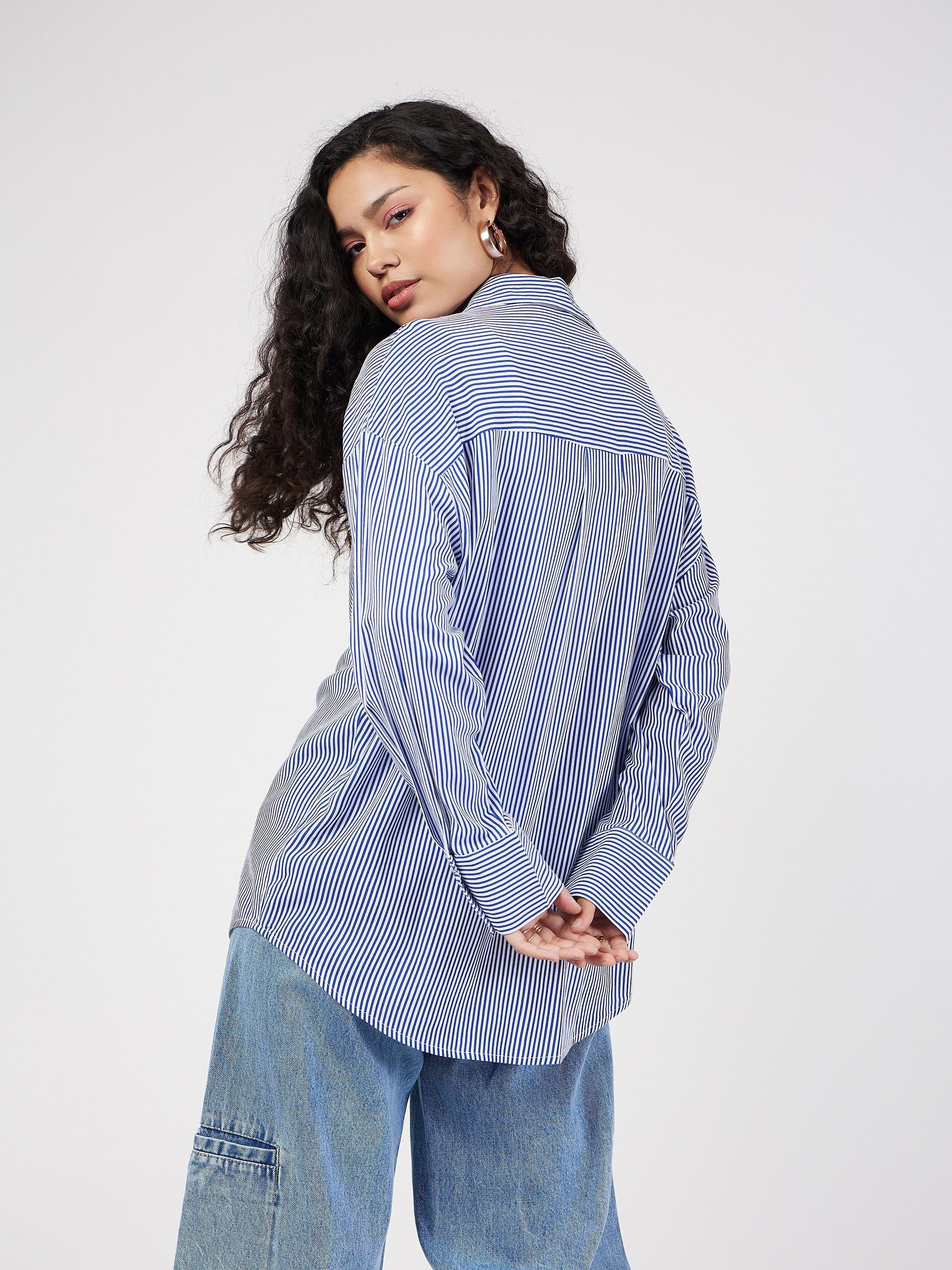 Women Blue & White Pinstriped Oversize Shirt