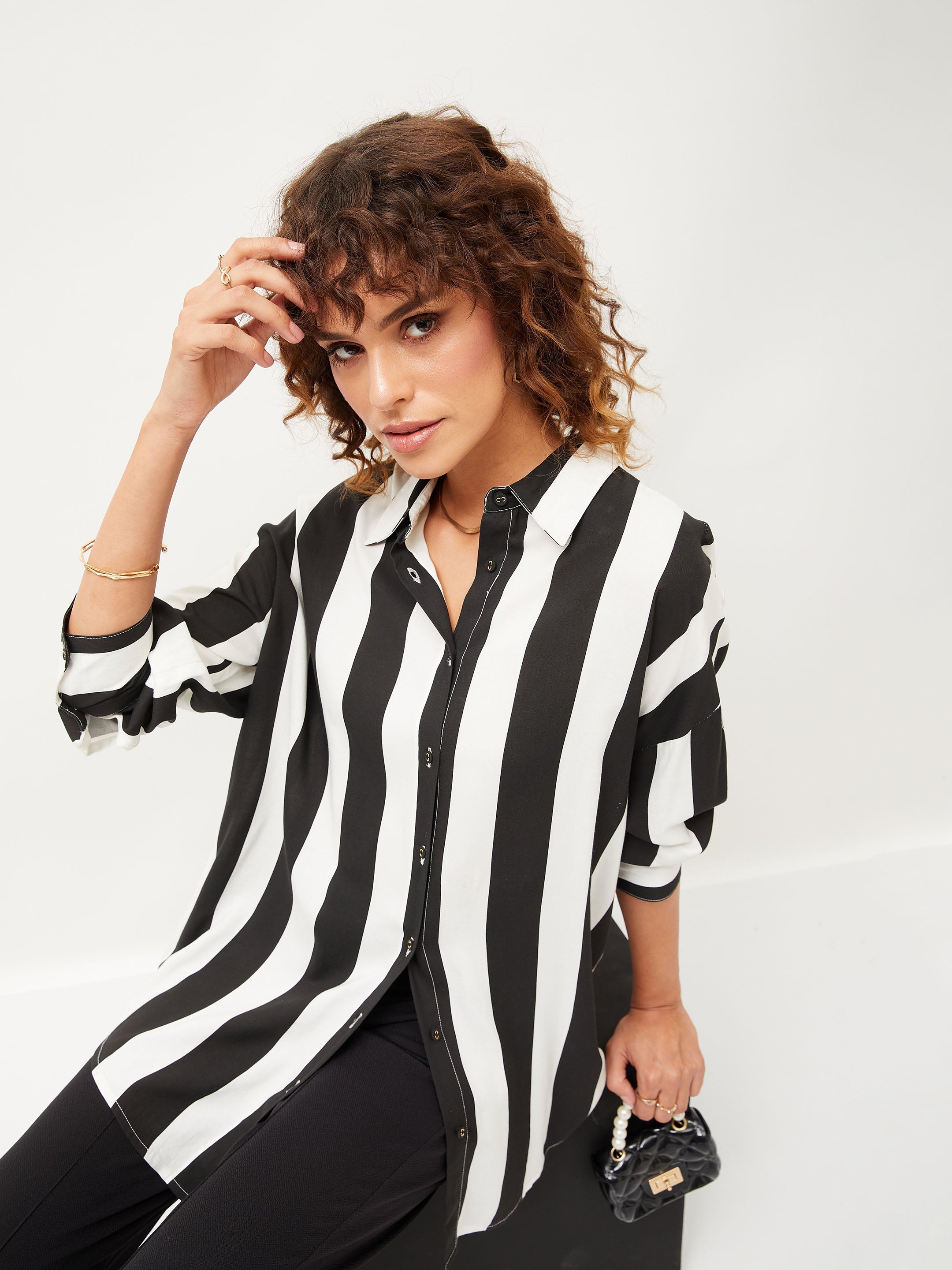 Women Black & White Striped Oversize Shirt