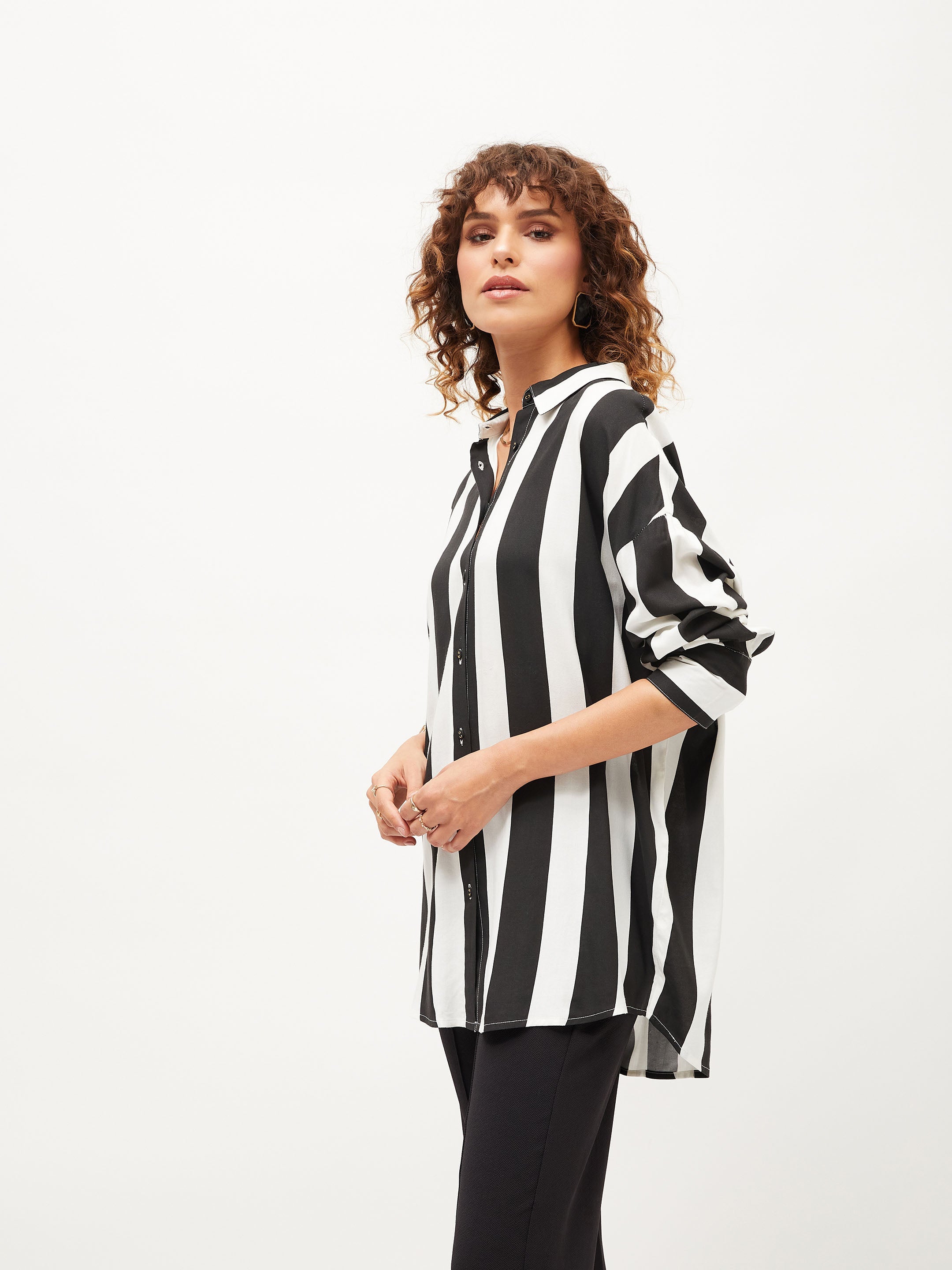 Women Black & White Striped Oversize Shirt