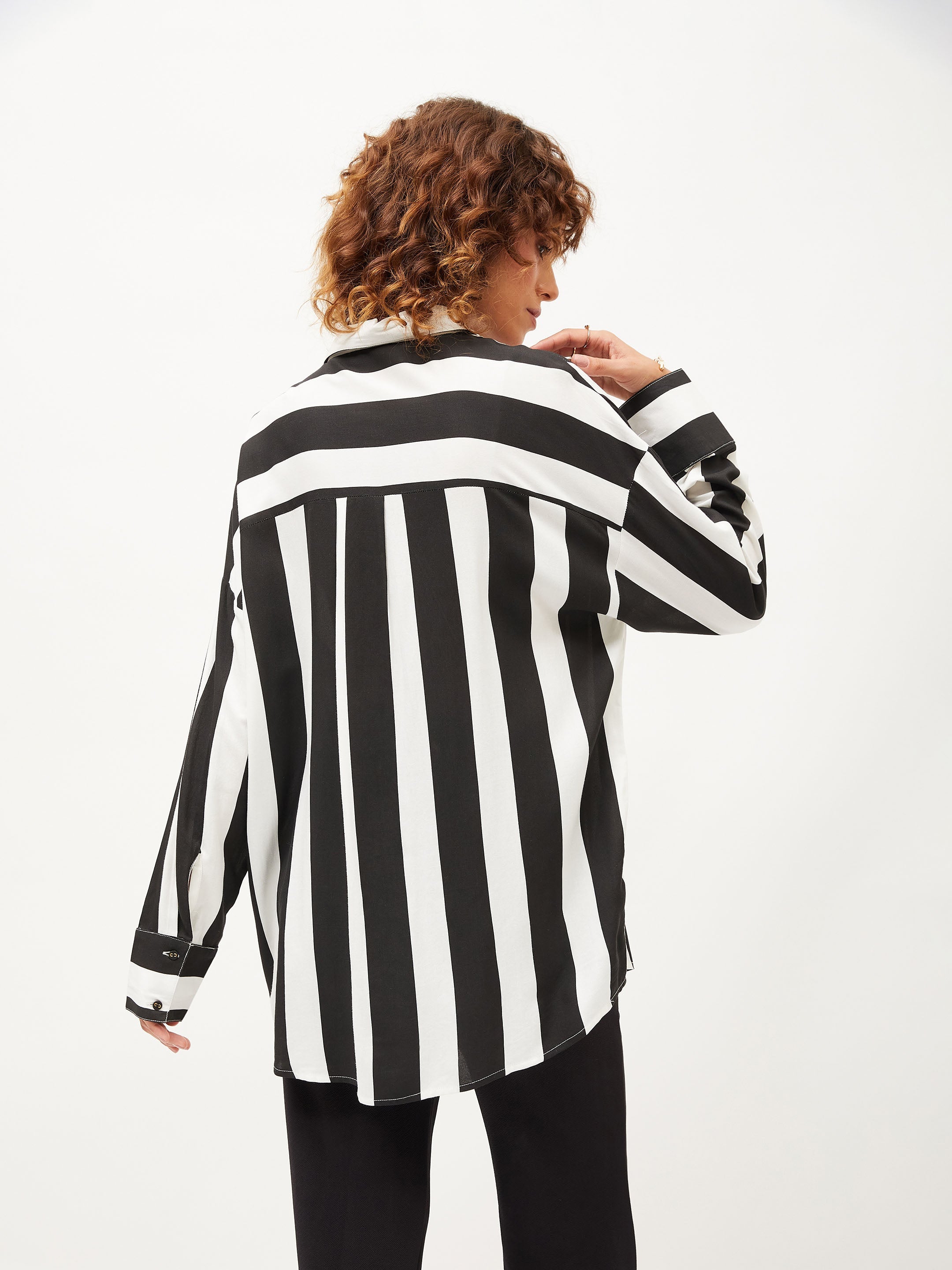 Women Black & White Striped Oversize Shirt