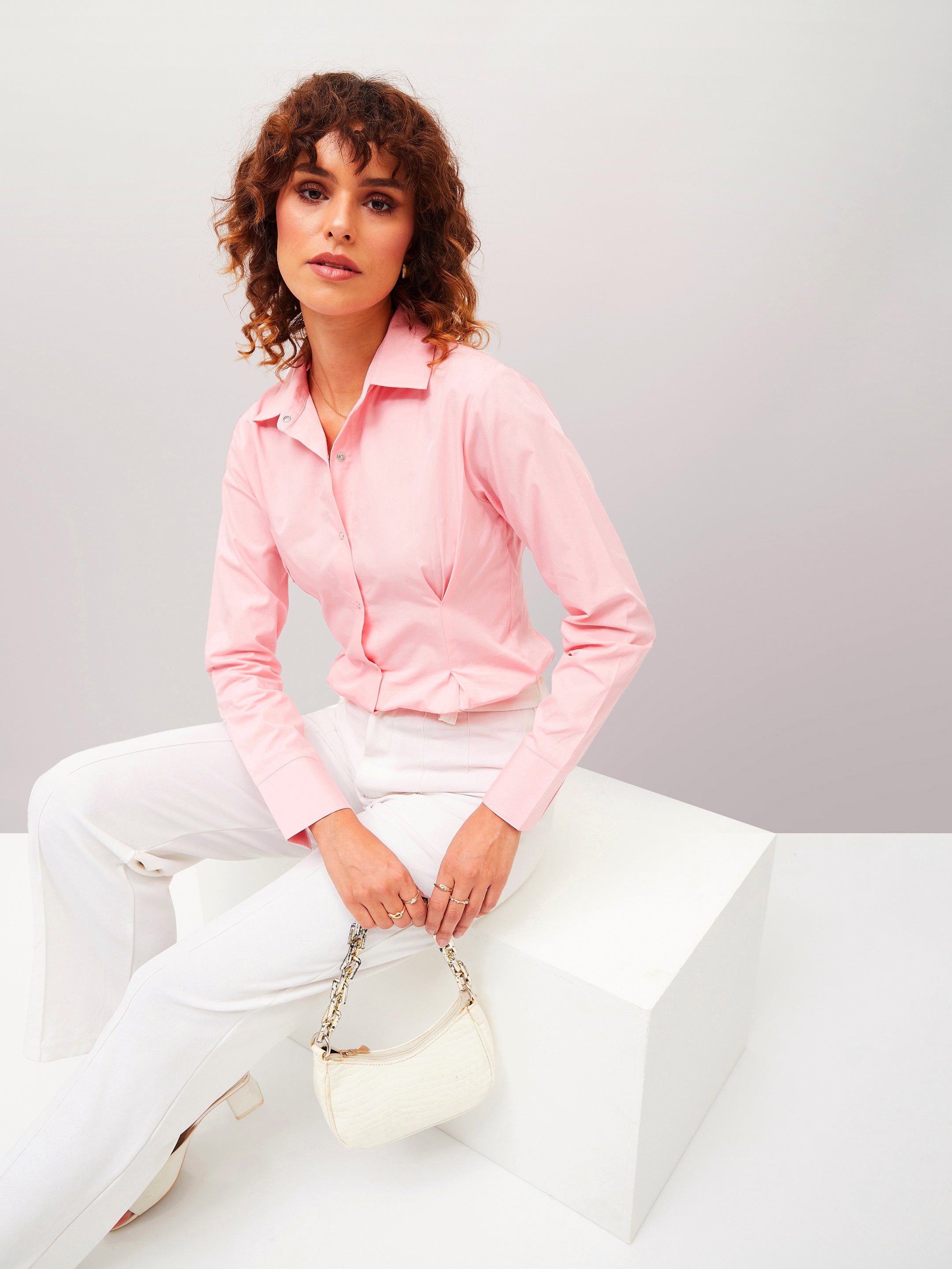 Women Pink Poplin Pleated Fold Slim Waist Shirt