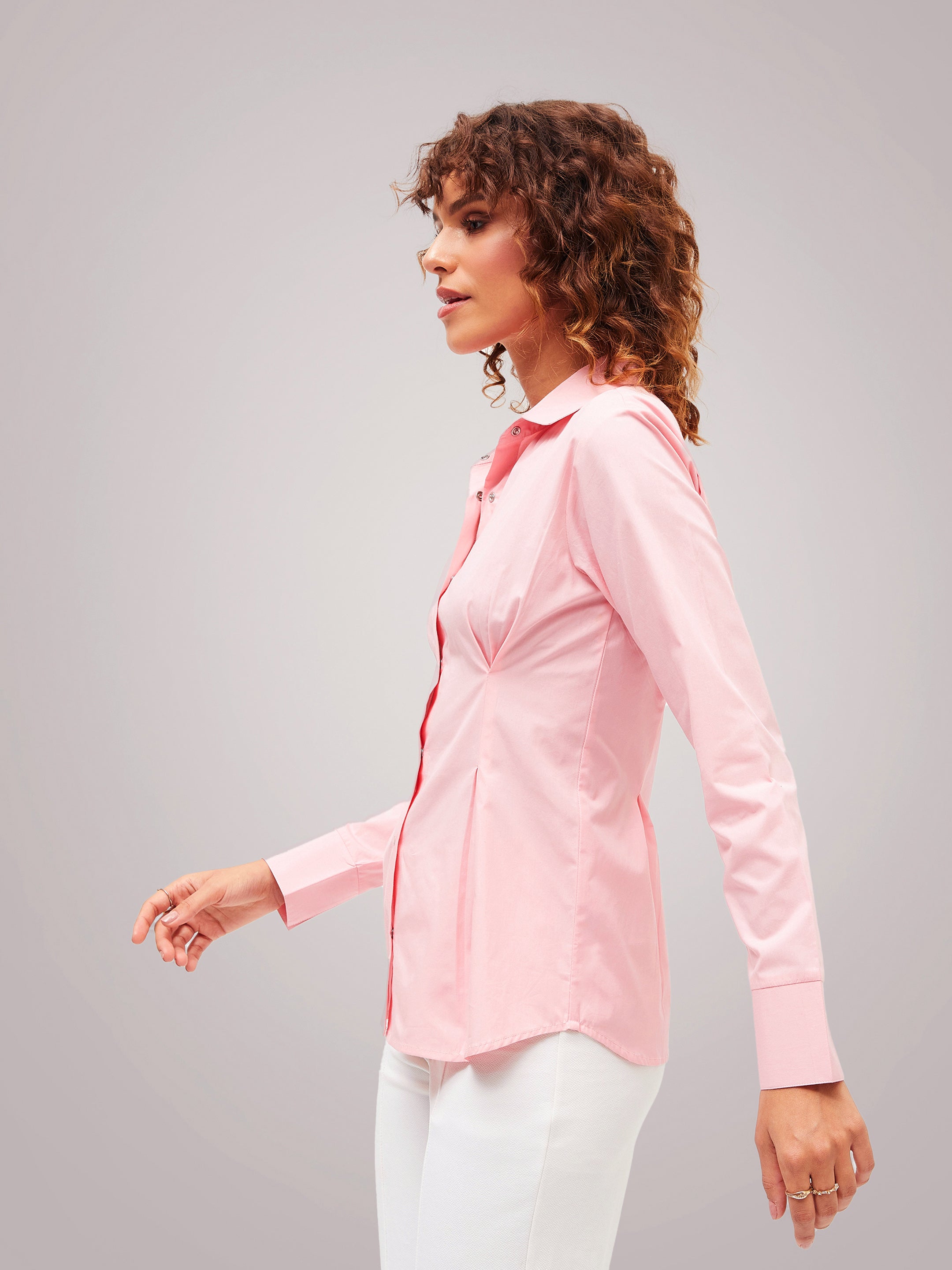 Women Pink Poplin Pleated Fold Slim Waist Shirt