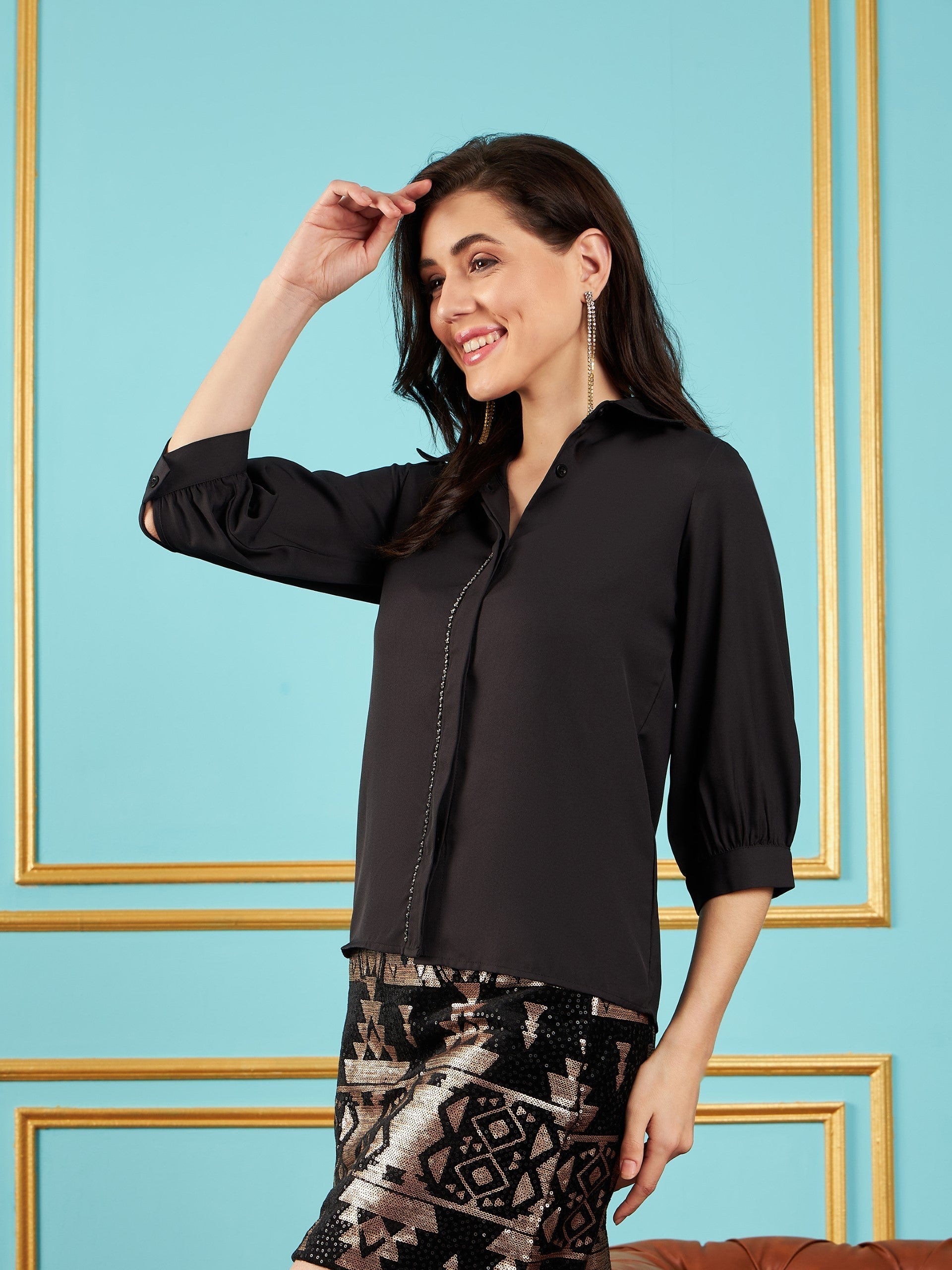 Women Black Embroidered Placket Shirt