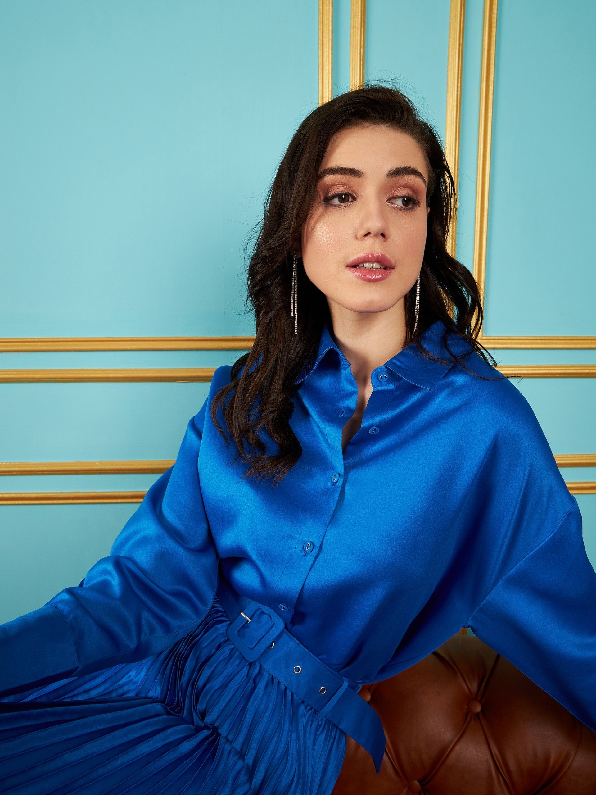 Women Royal Blue Satin Oversized Shirt