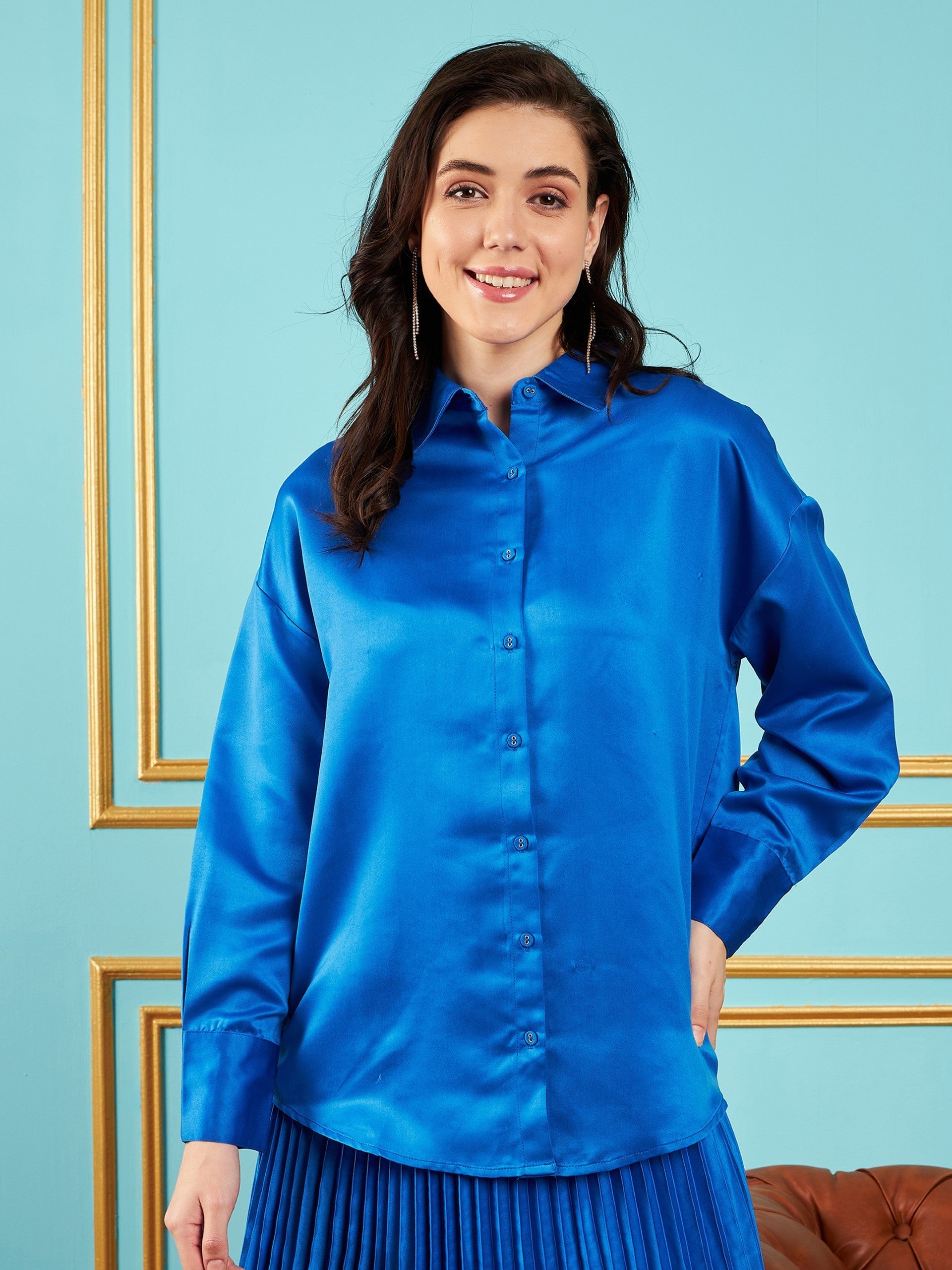 Women Royal Blue Satin Oversized Shirt