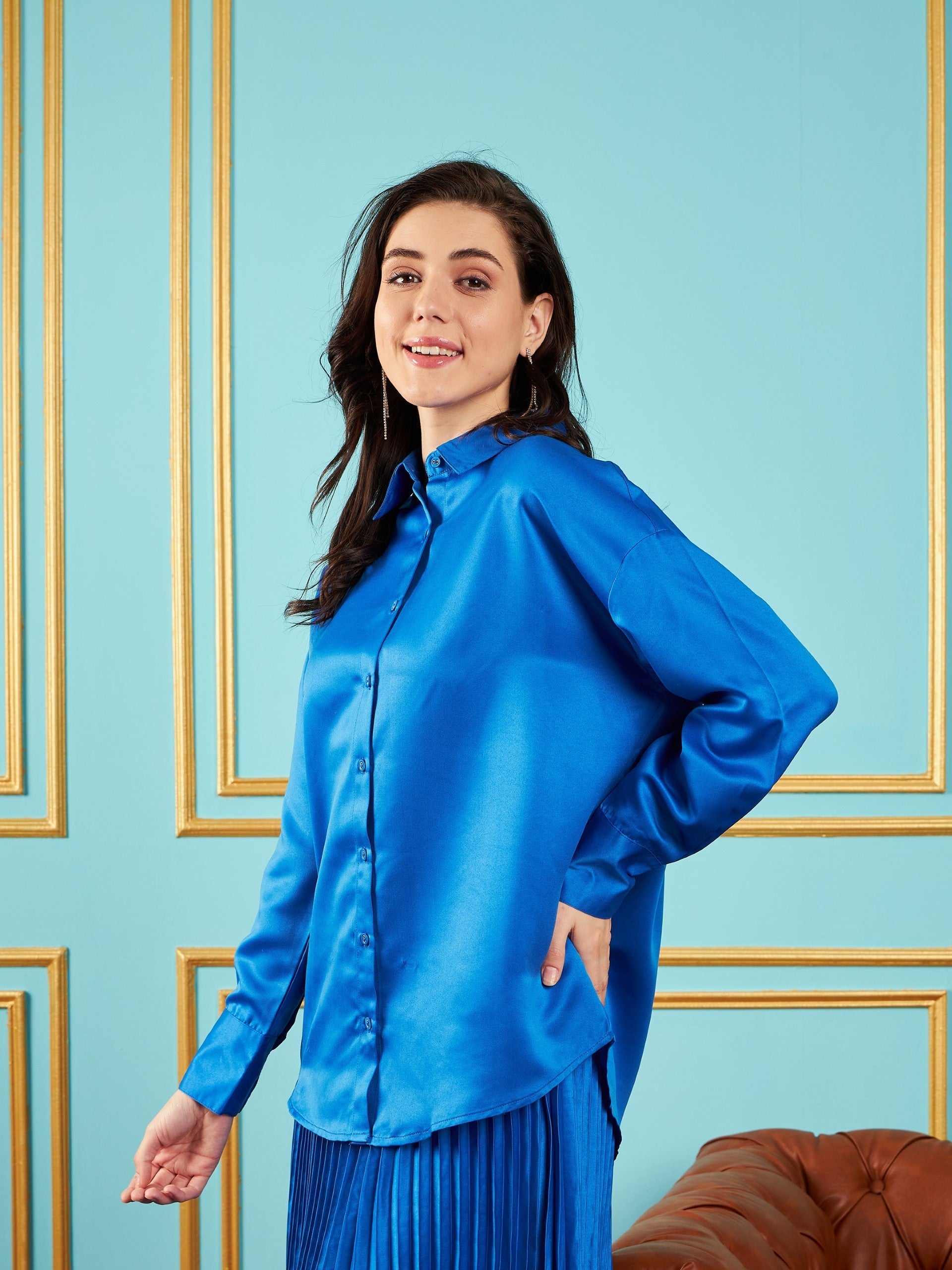 Women Royal Blue Satin Oversized Shirt