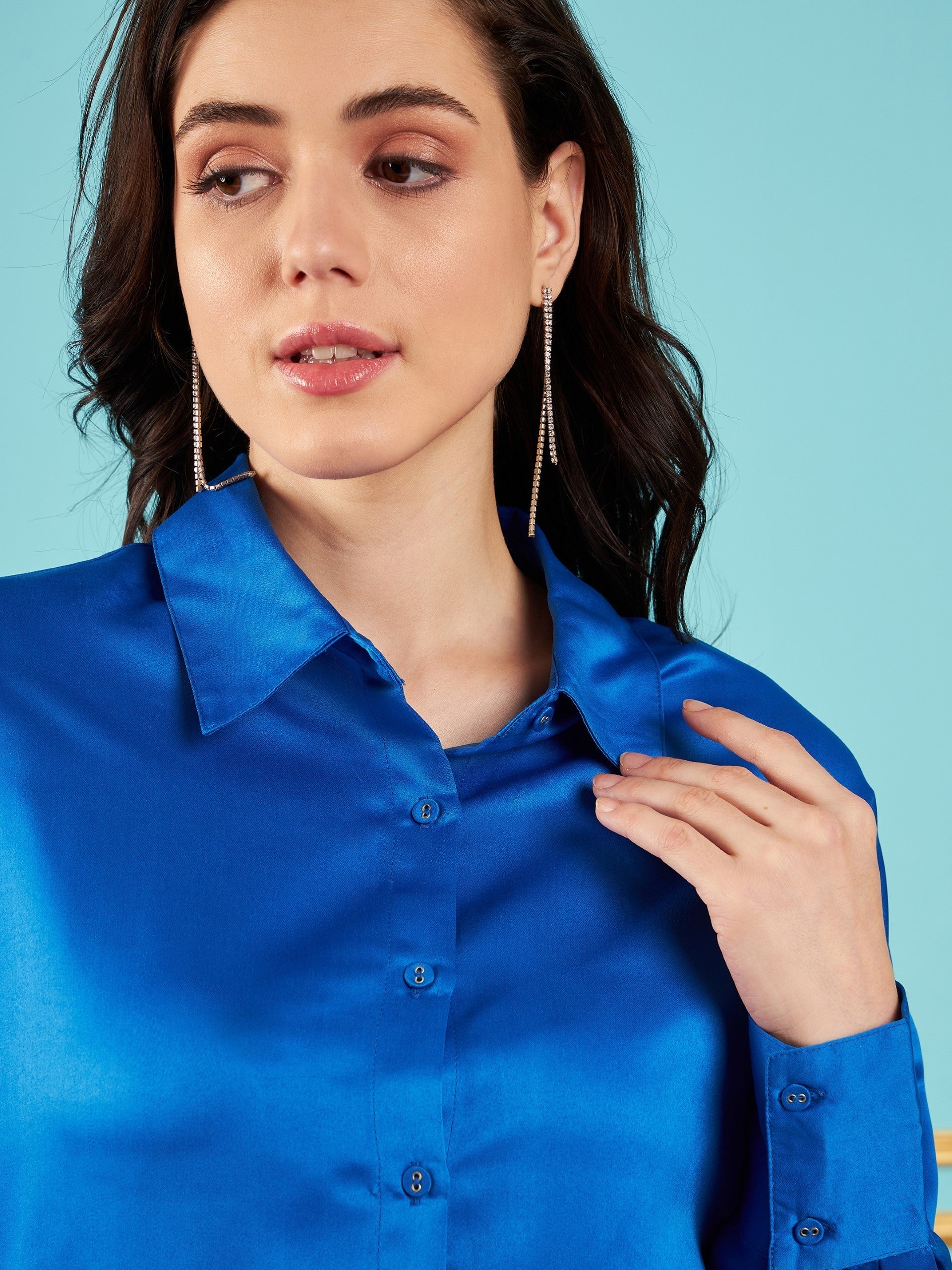 Women Royal Blue Satin Oversized Shirt