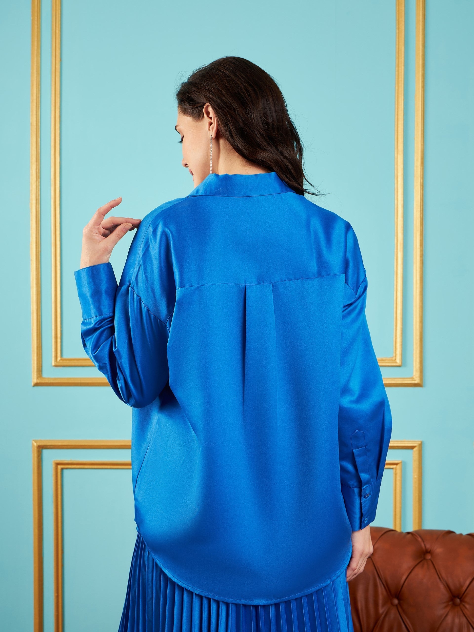 Women Royal Blue Satin Oversized Shirt