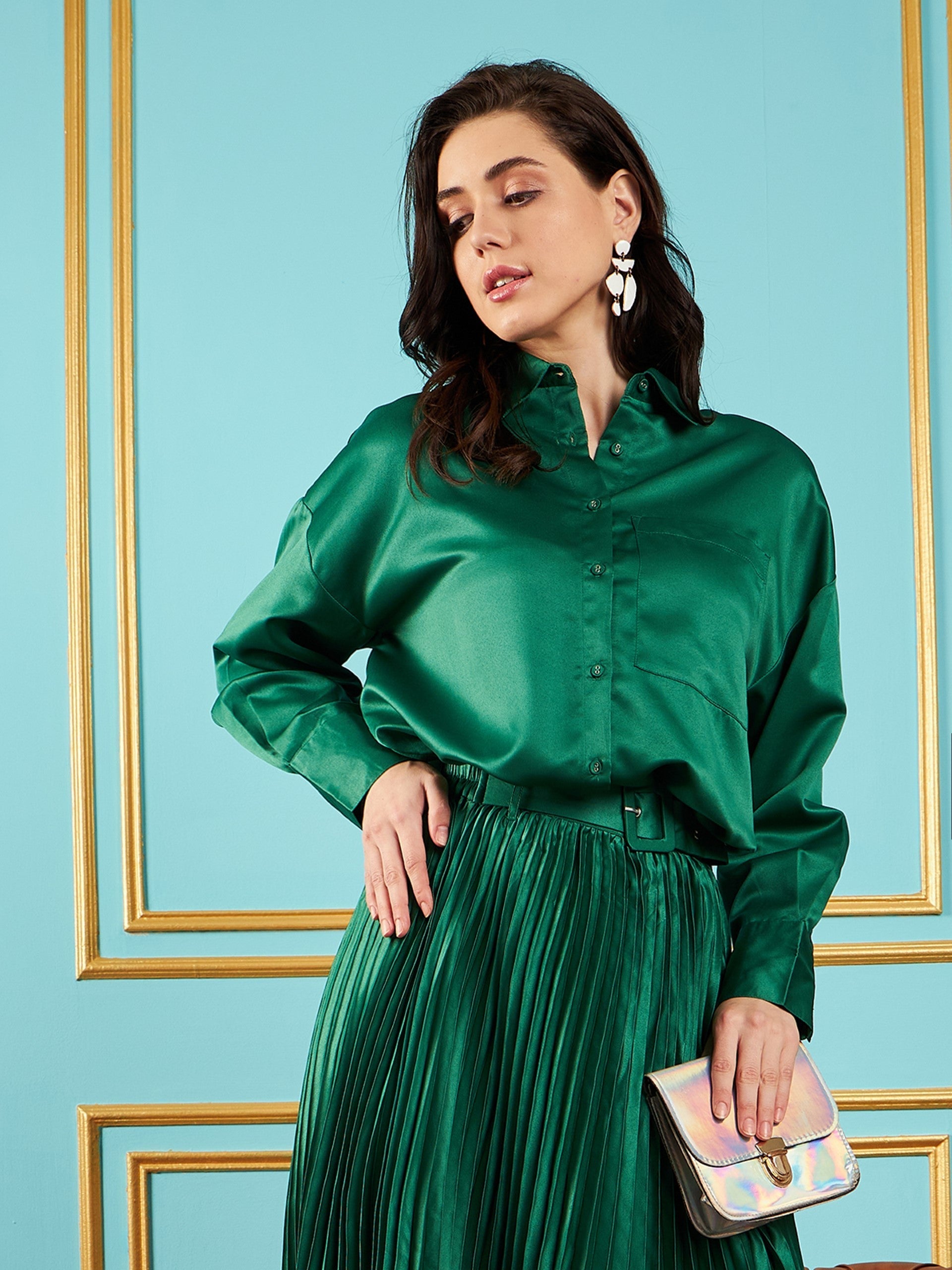 Women Green Satin Oversized Shirt