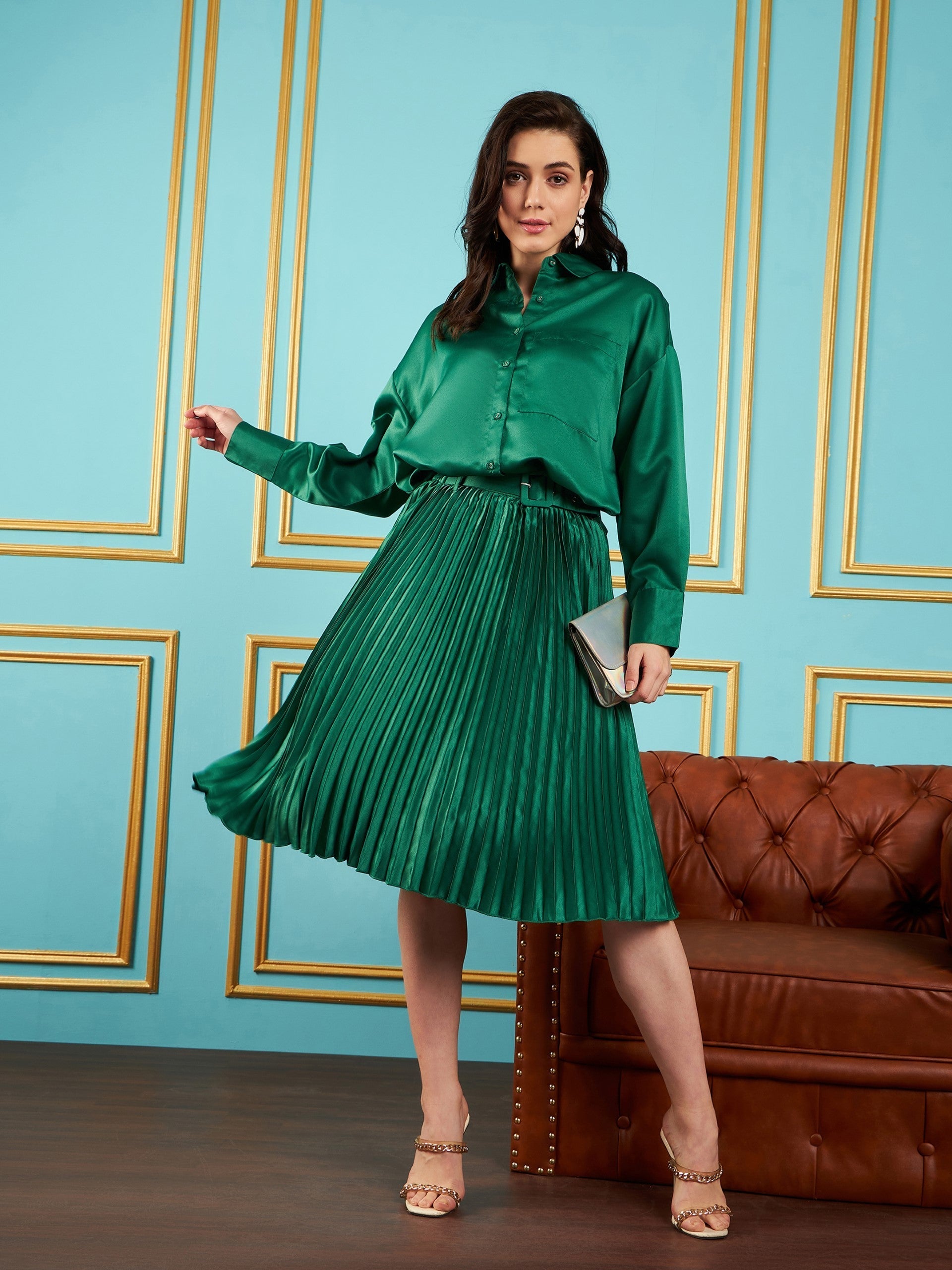 Women Green Satin Oversized Shirt