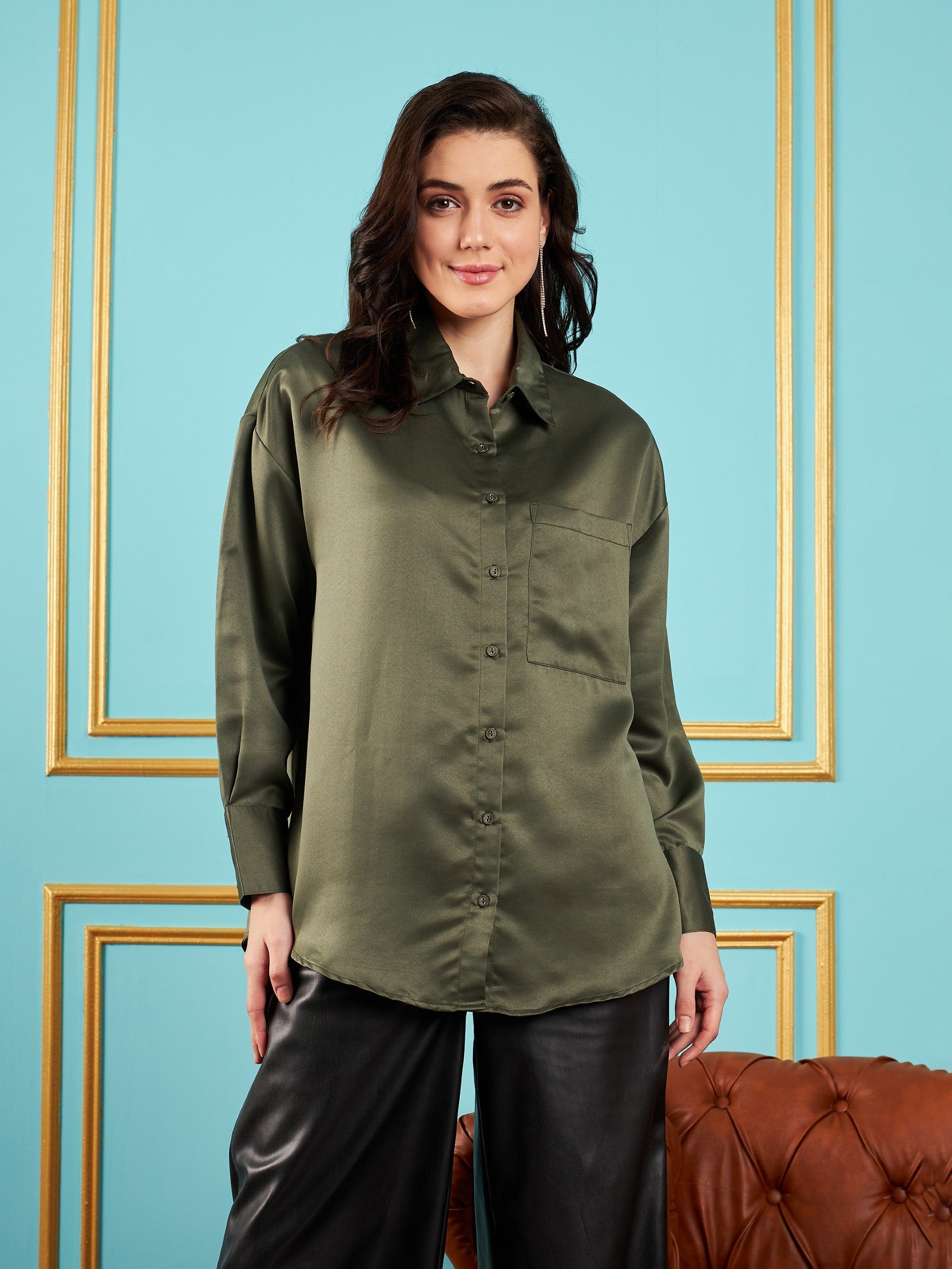 Women Olive Satin Oversized Shirt