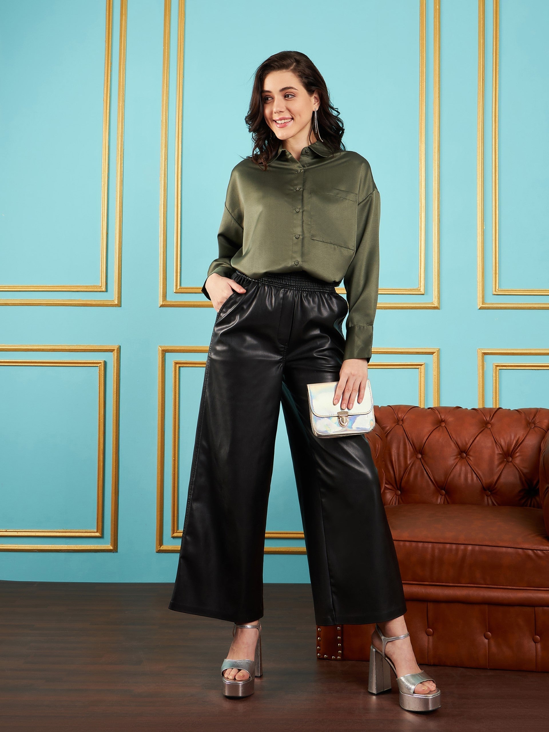 Women Olive Satin Oversized Shirt