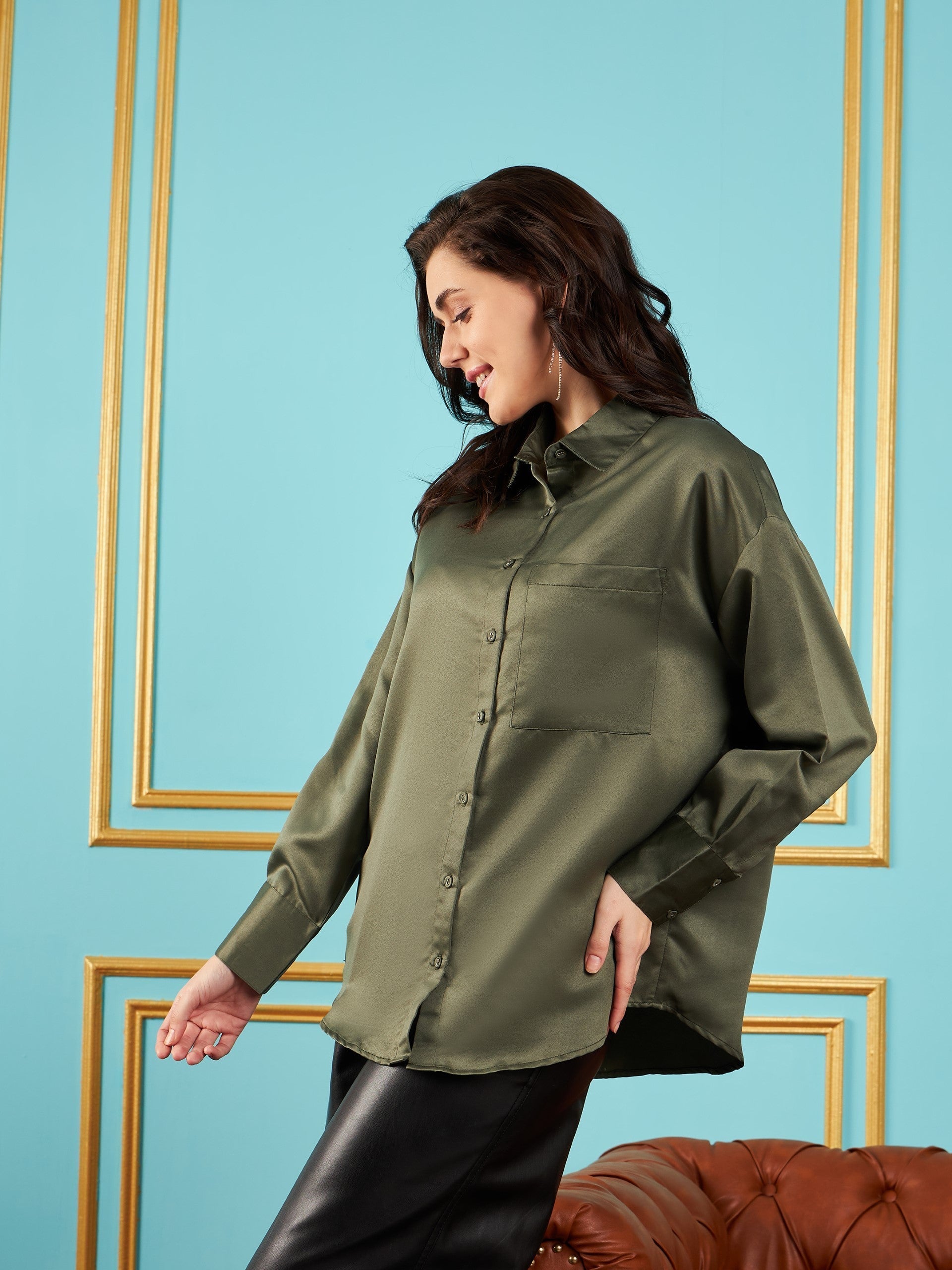 Women Olive Satin Oversized Shirt