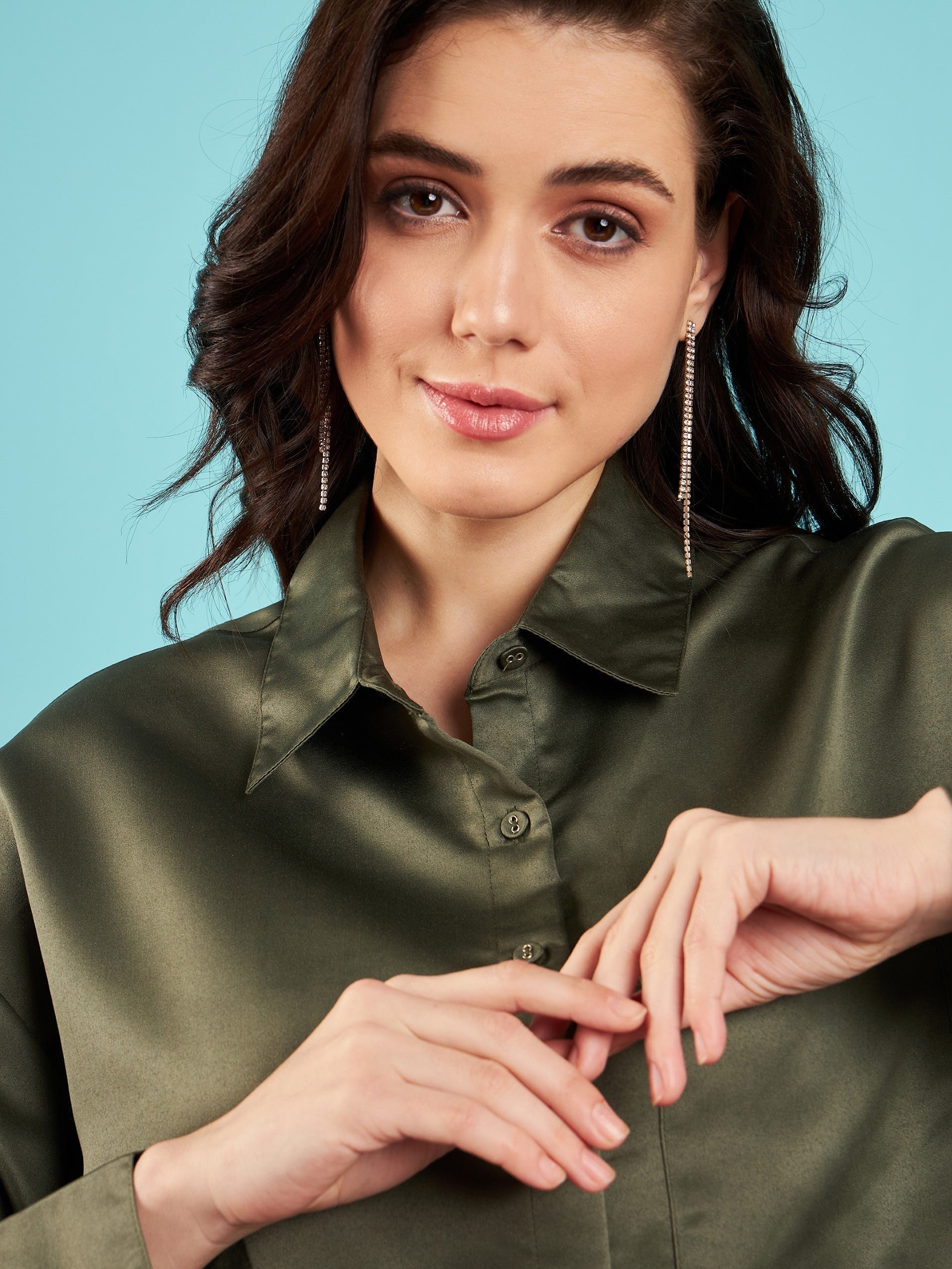 Women Olive Satin Oversized Shirt