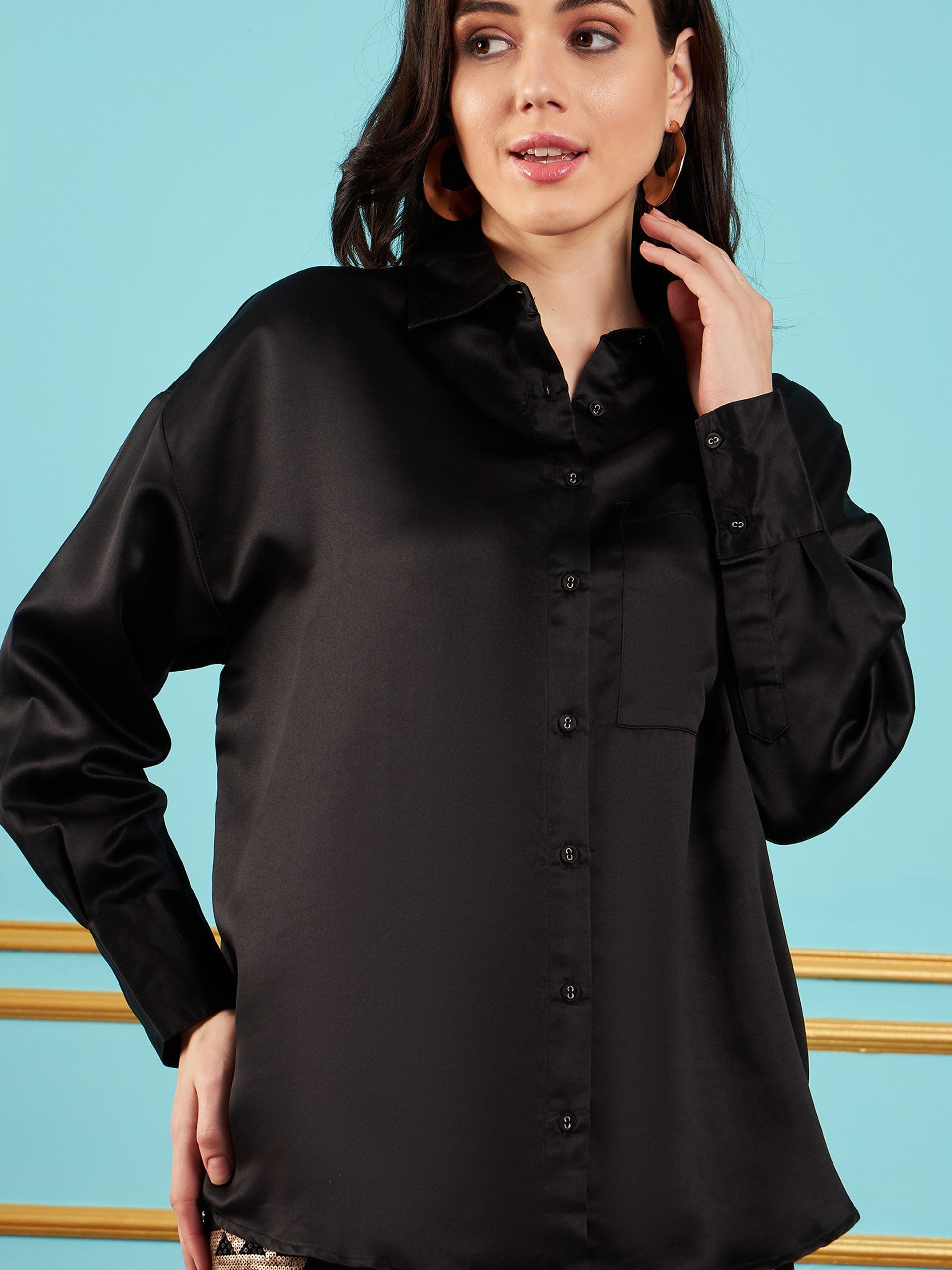 Women Black Satin Oversized Shirt