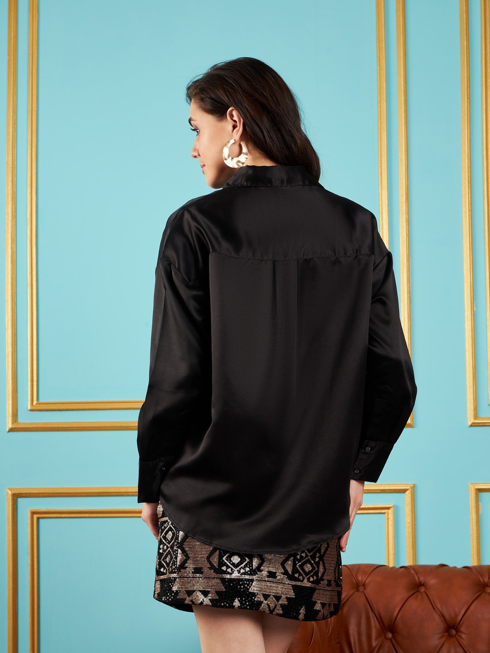 Women Black Satin Oversized Shirt