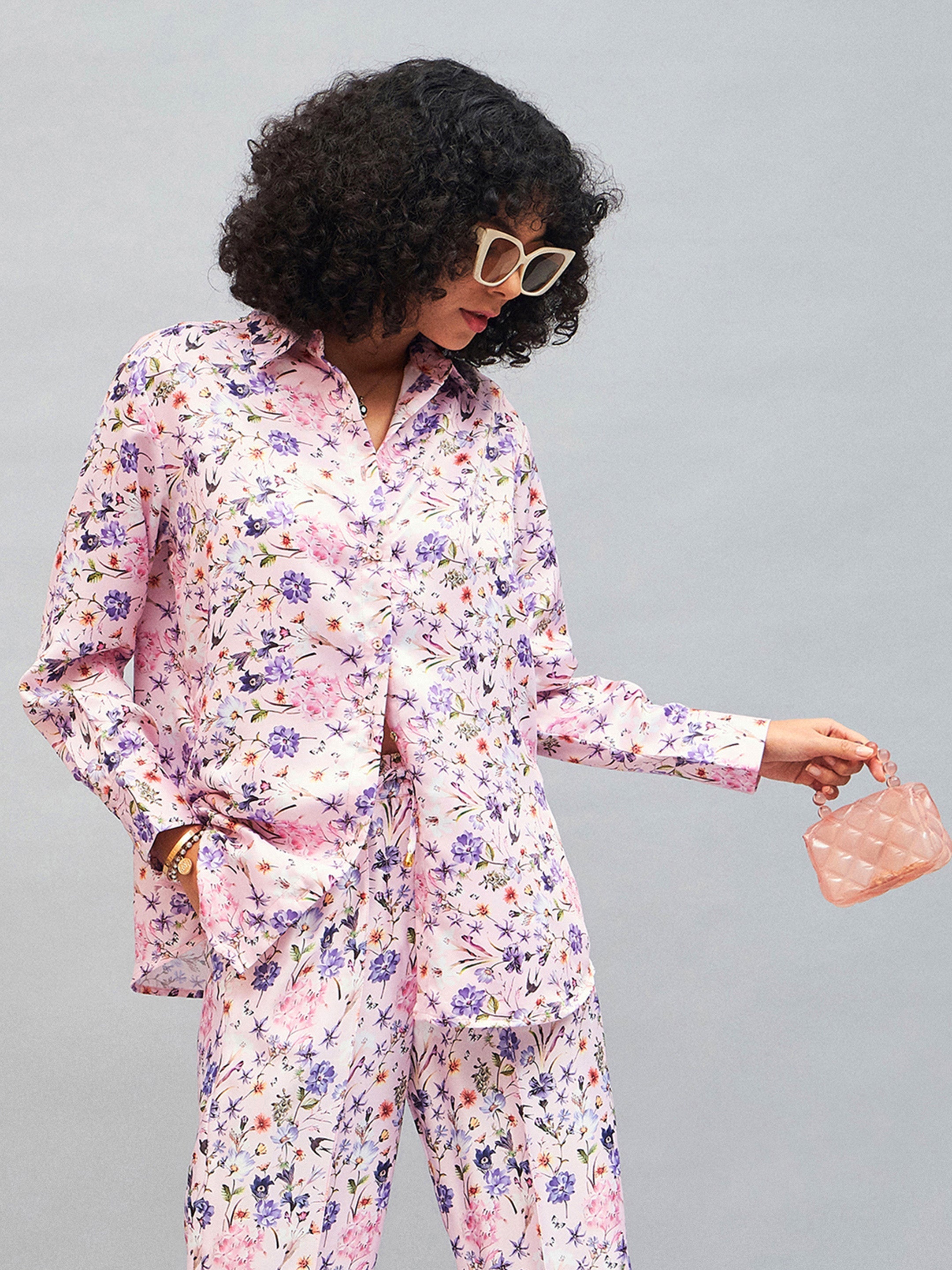 Women Pink Satin Floral Oversized Shirt