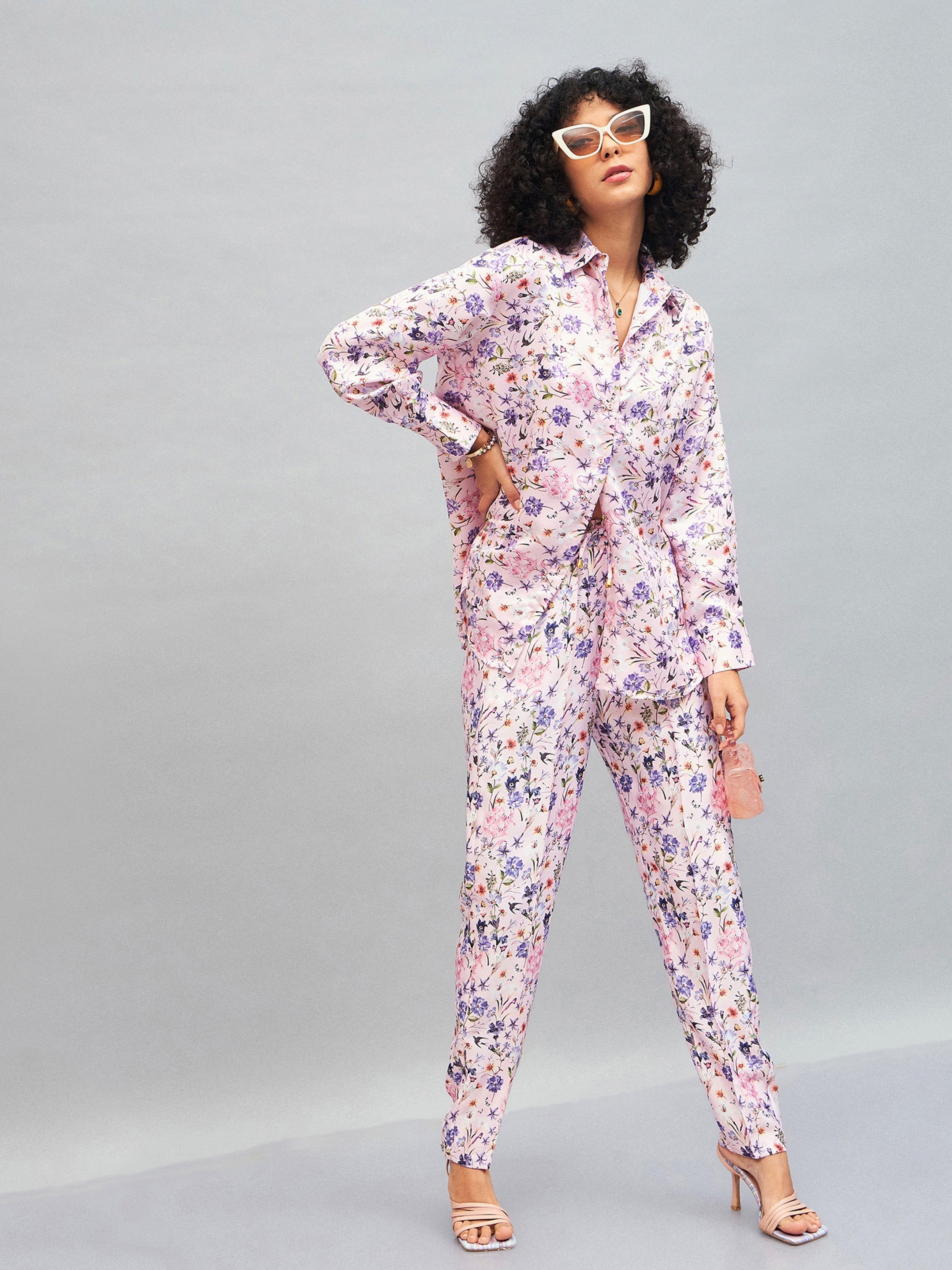 Women Pink Satin Floral Oversized Shirt