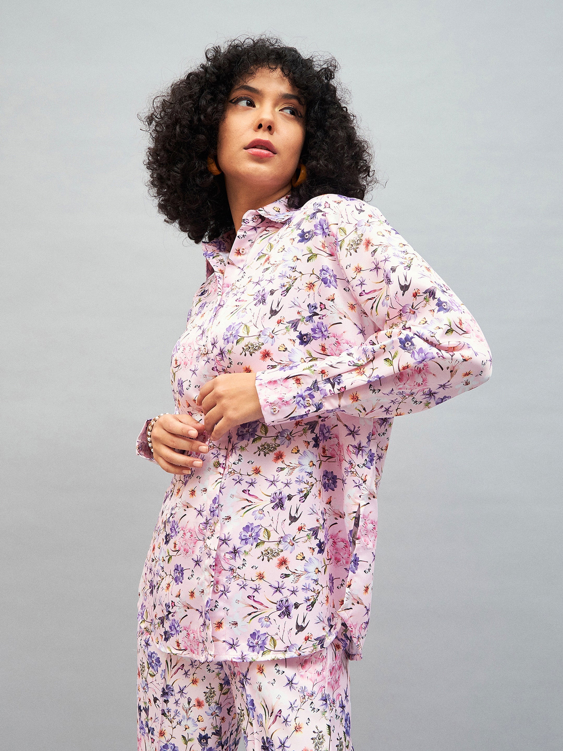 Women Pink Satin Floral Oversized Shirt