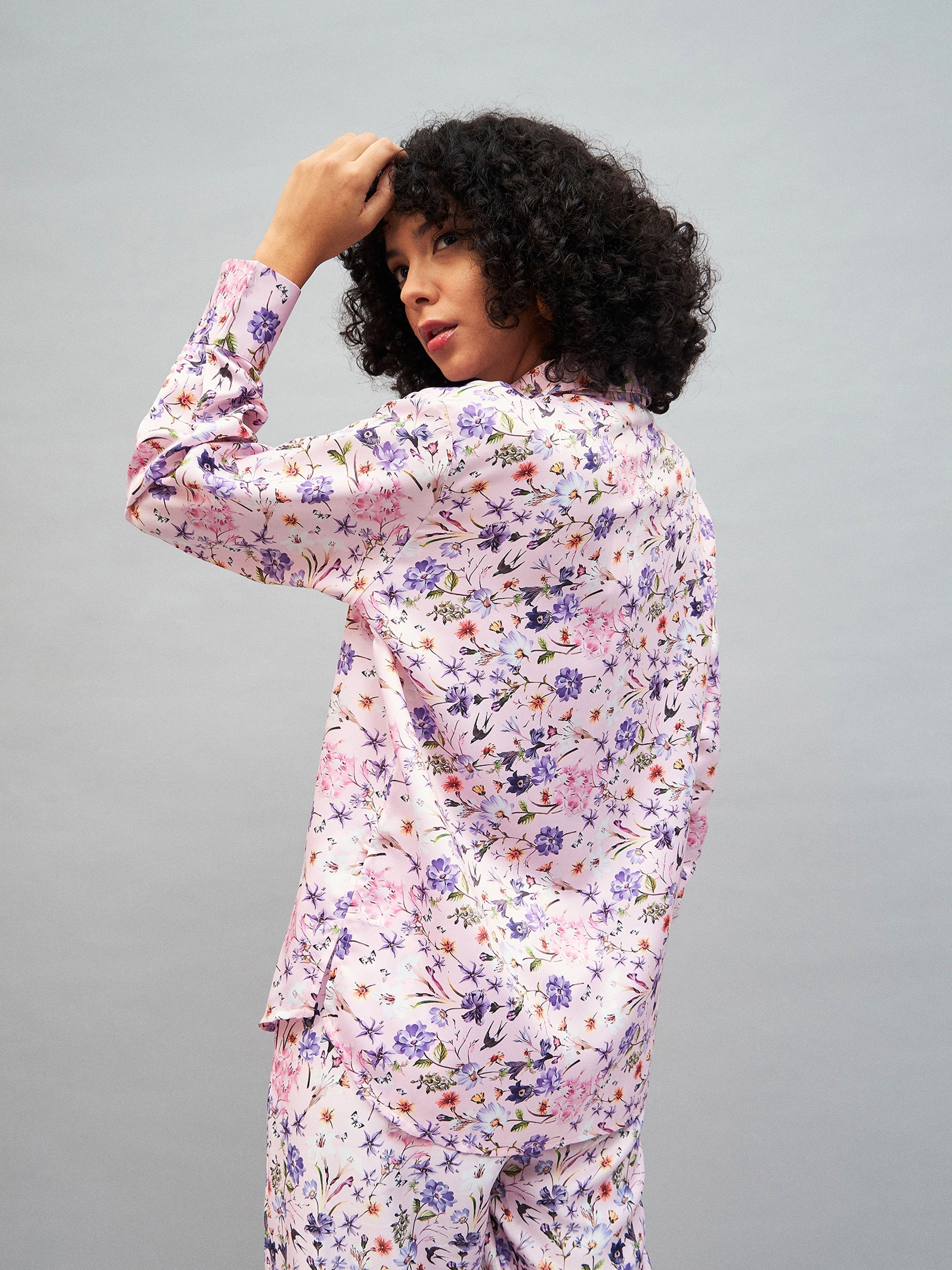 Women Pink Satin Floral Oversized Shirt