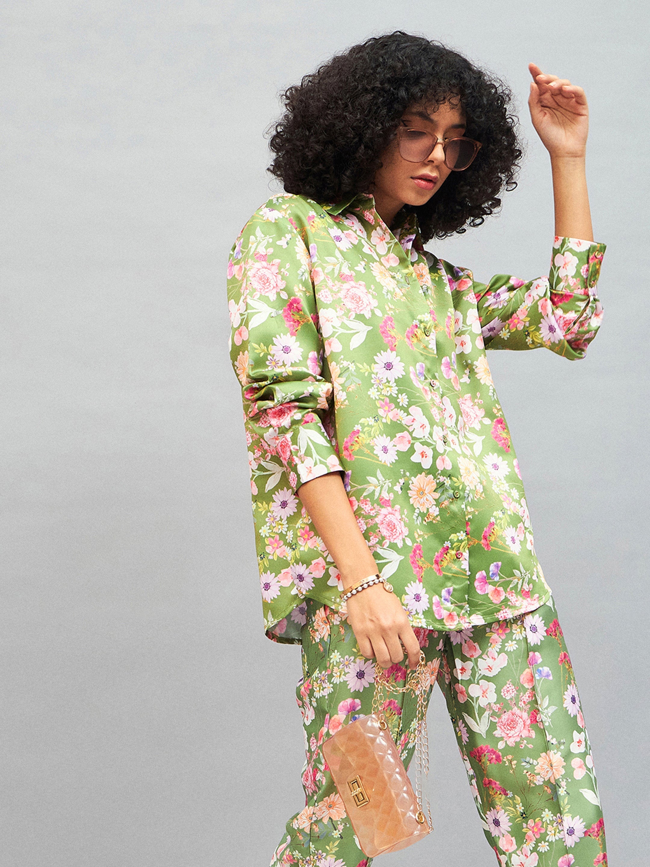 Women Olive Satin Floral Oversized Shirt