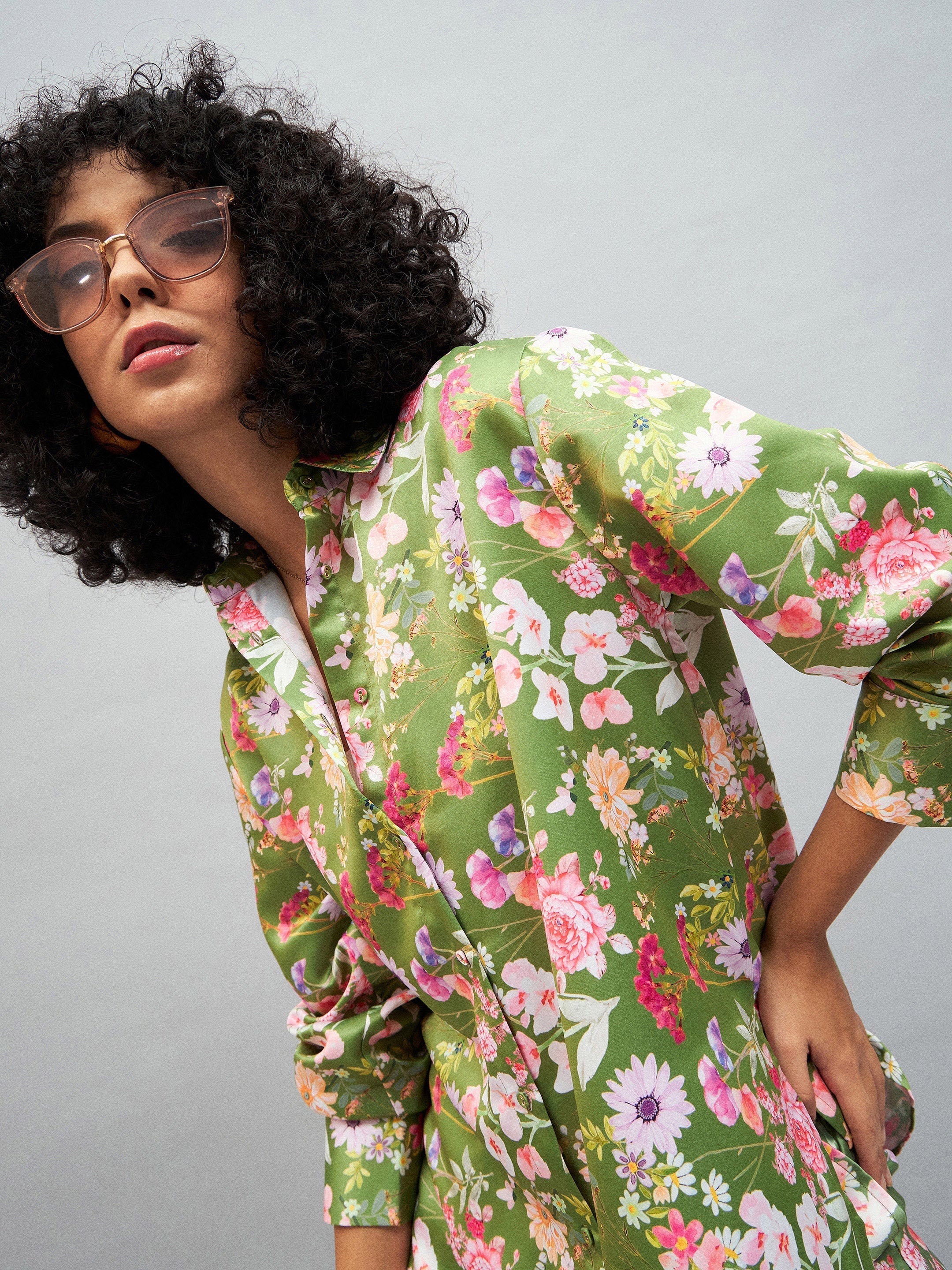 Women Olive Satin Floral Oversized Shirt