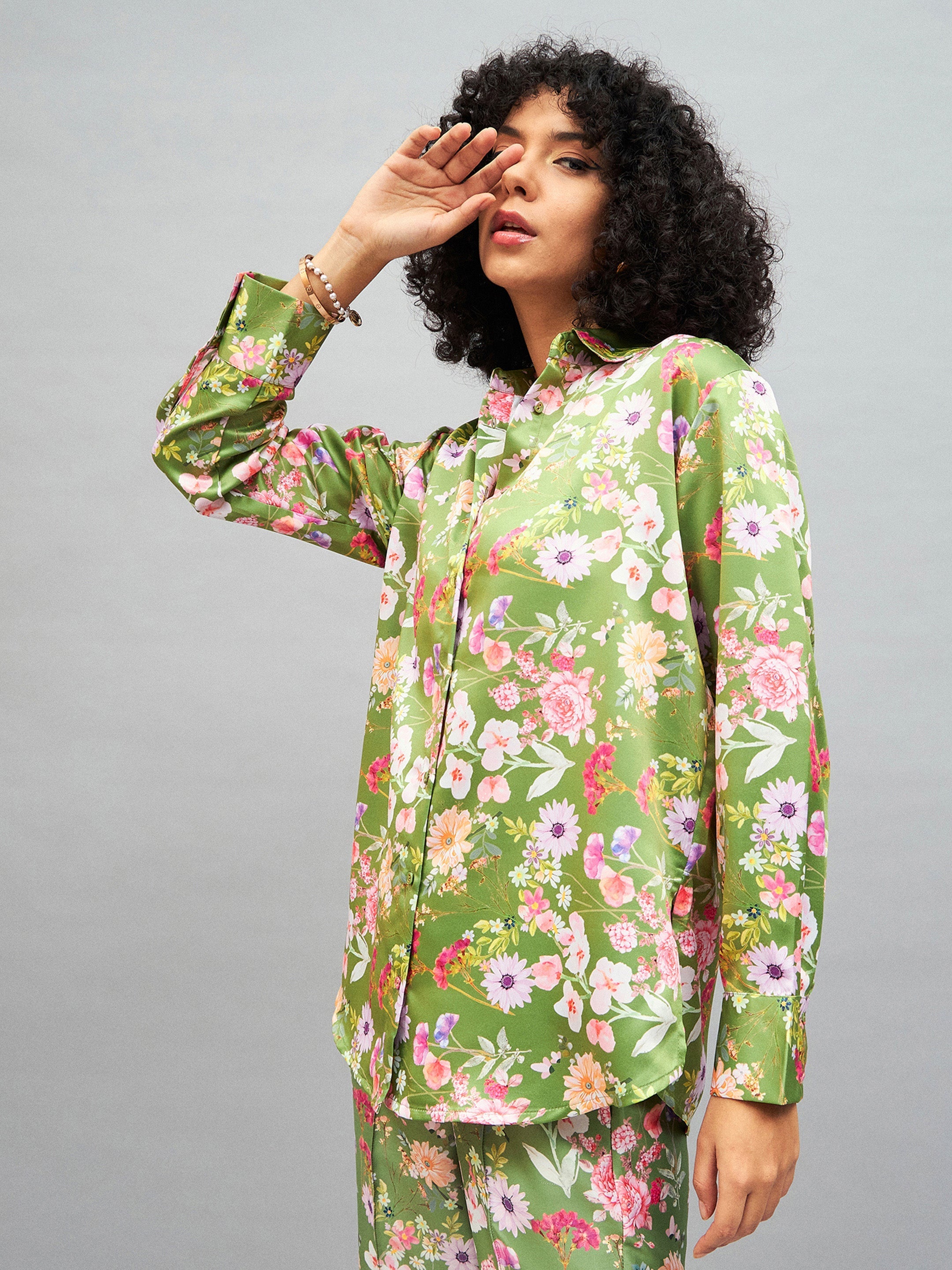 Women Olive Satin Floral Oversized Shirt