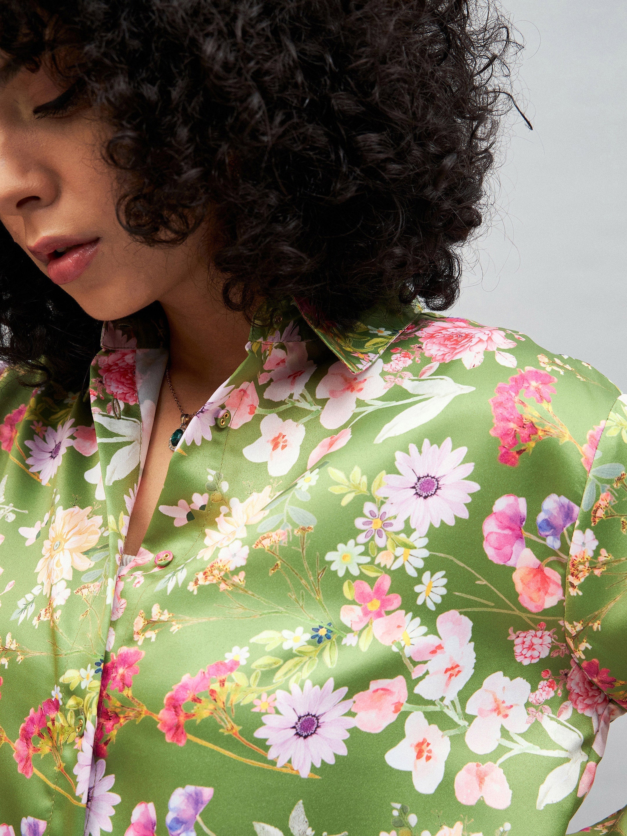 Women Olive Satin Floral Oversized Shirt