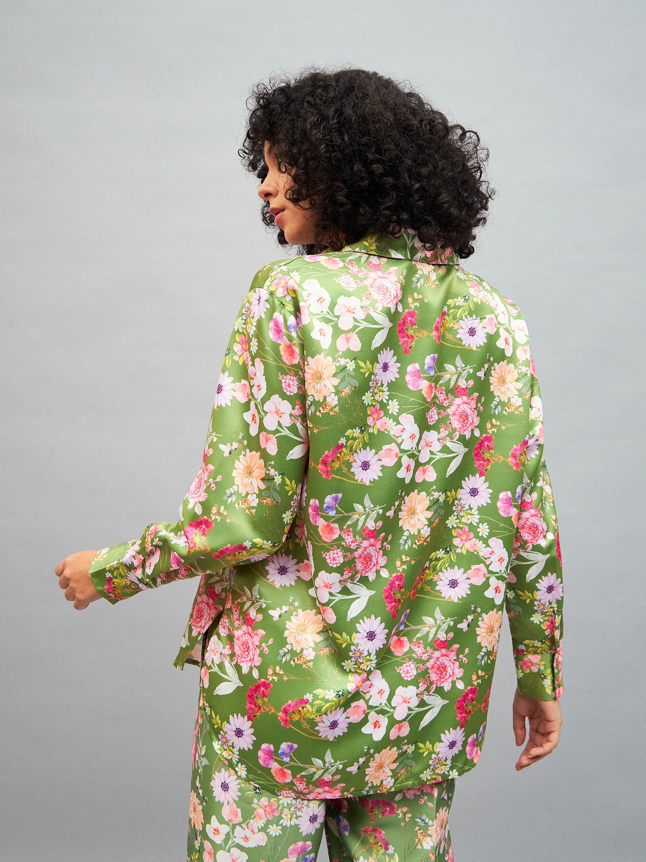 Women Olive Satin Floral Oversized Shirt