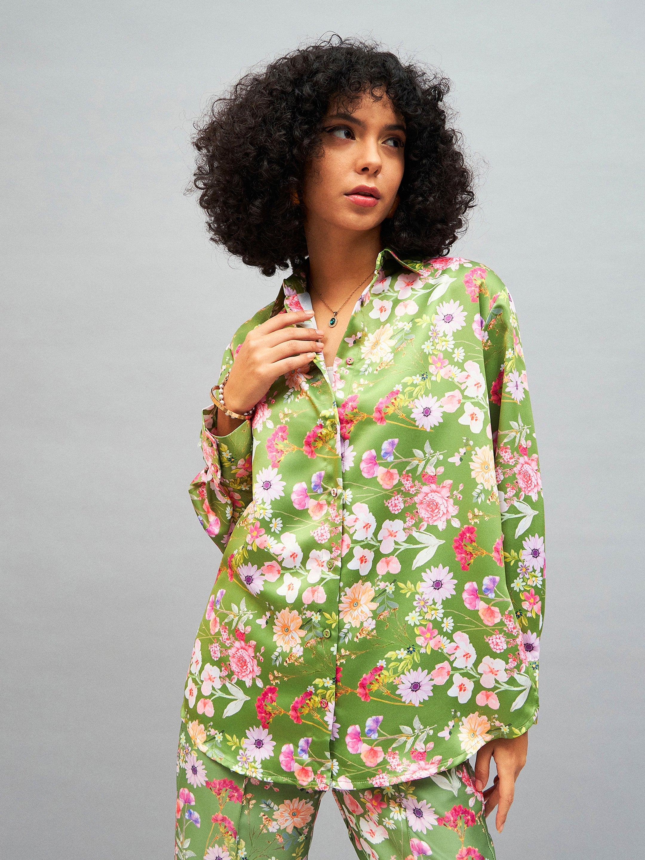 Women Olive Satin Floral Oversized Shirt