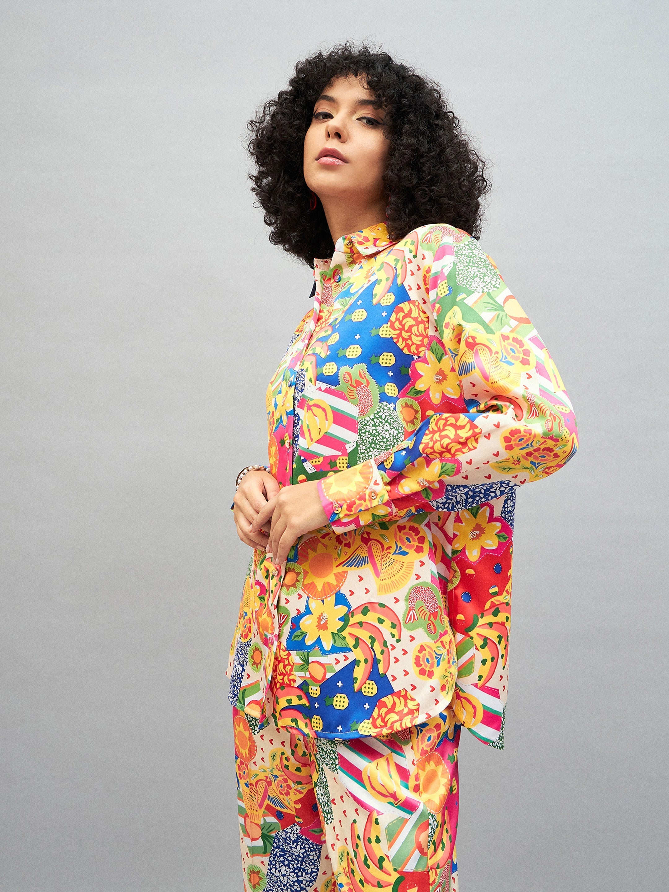 Women Yellow Multi Satin Abstract Oversized Shirt