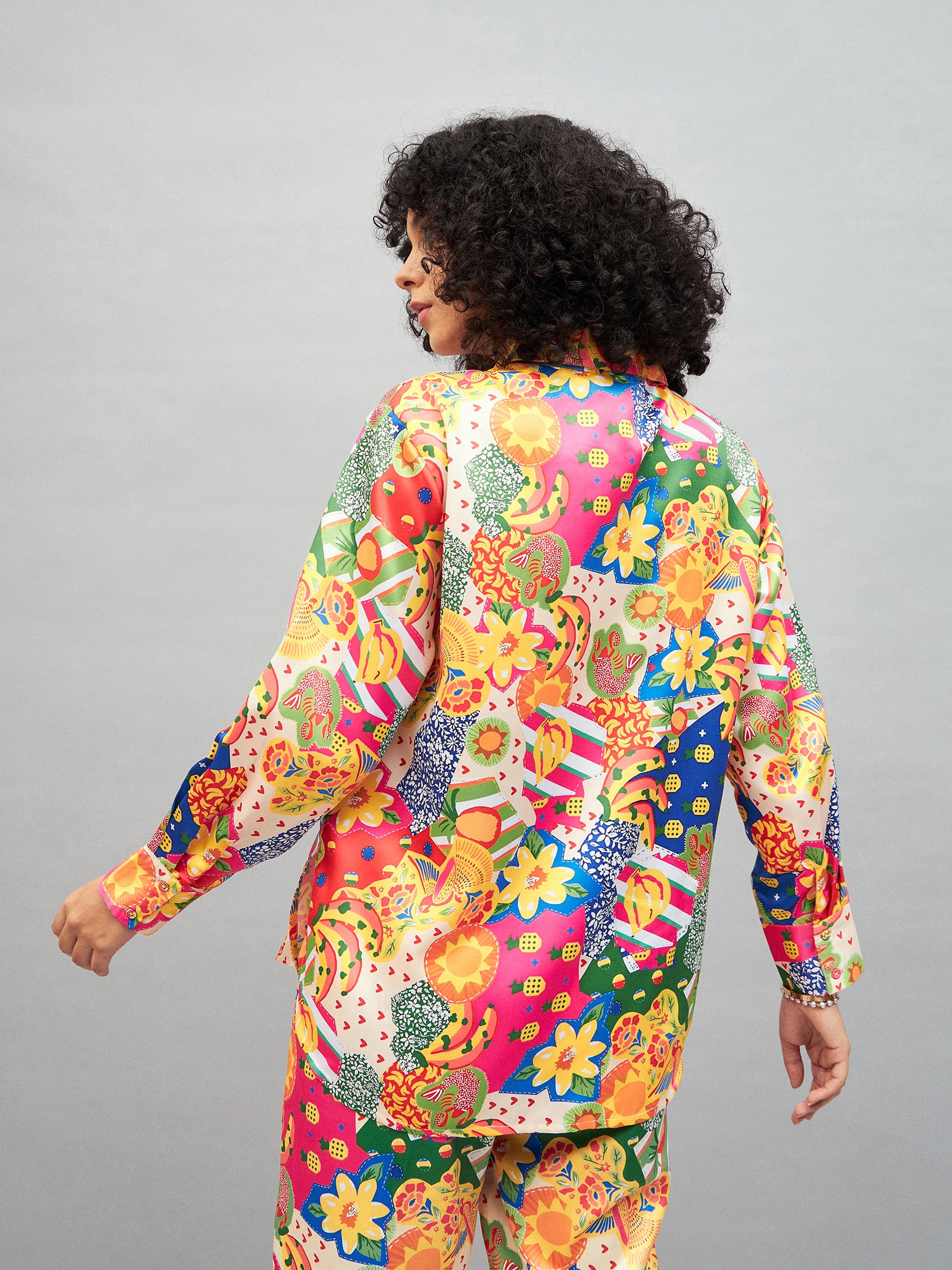 Women Yellow Multi Satin Abstract Oversized Shirt