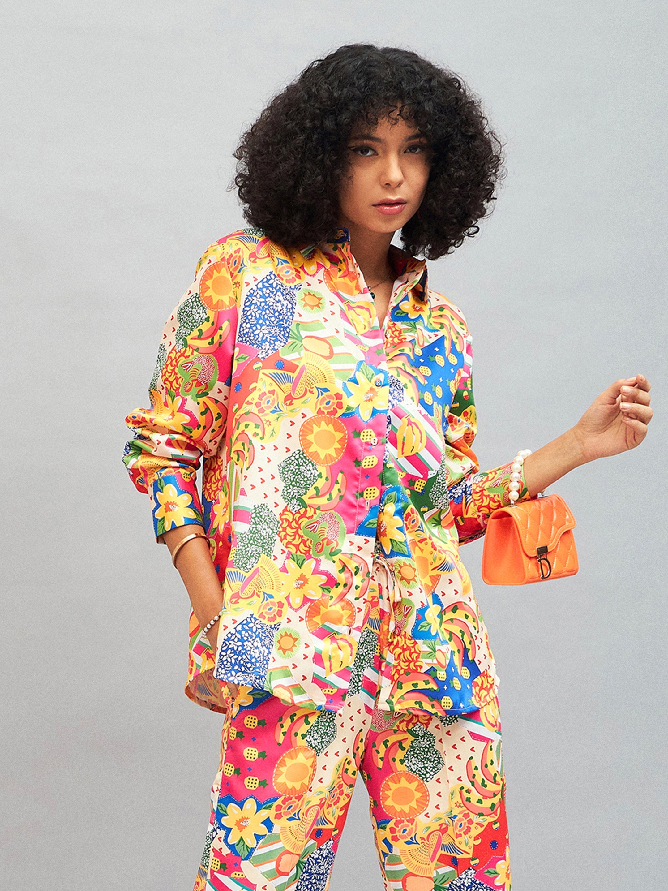 Women Yellow Multi Satin Abstract Oversized Shirt